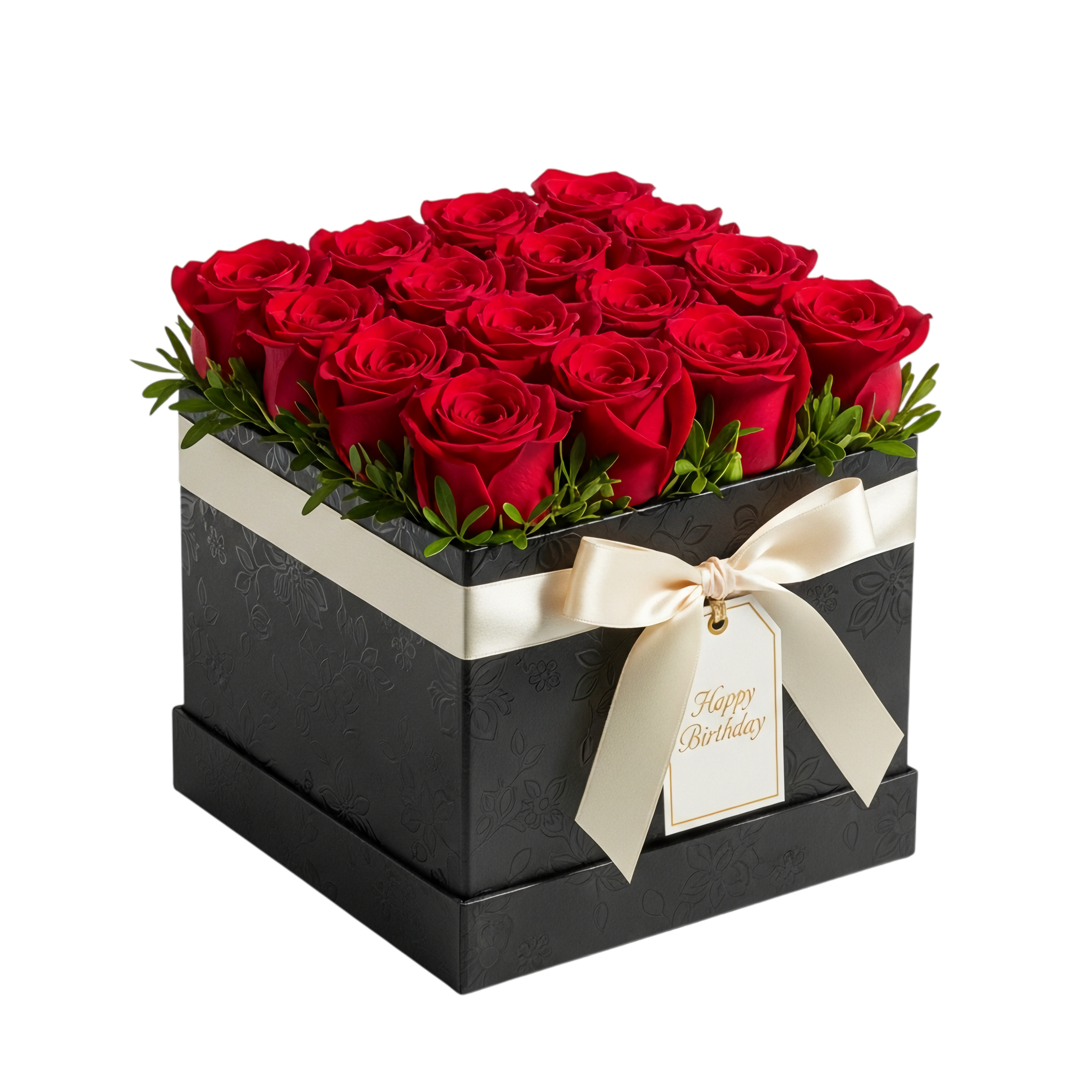 square gift box with red birthday roses