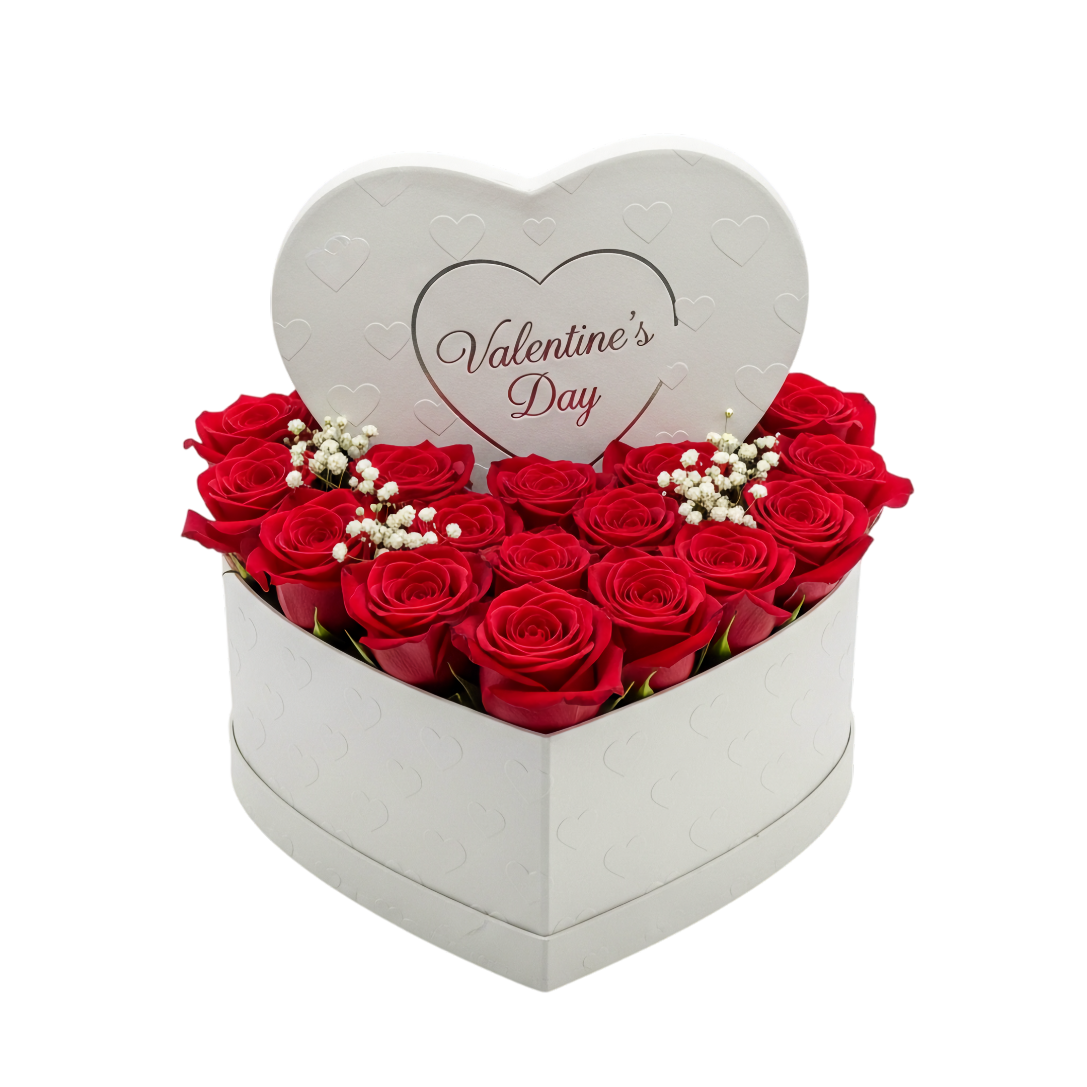 valentine red roses in white heart box