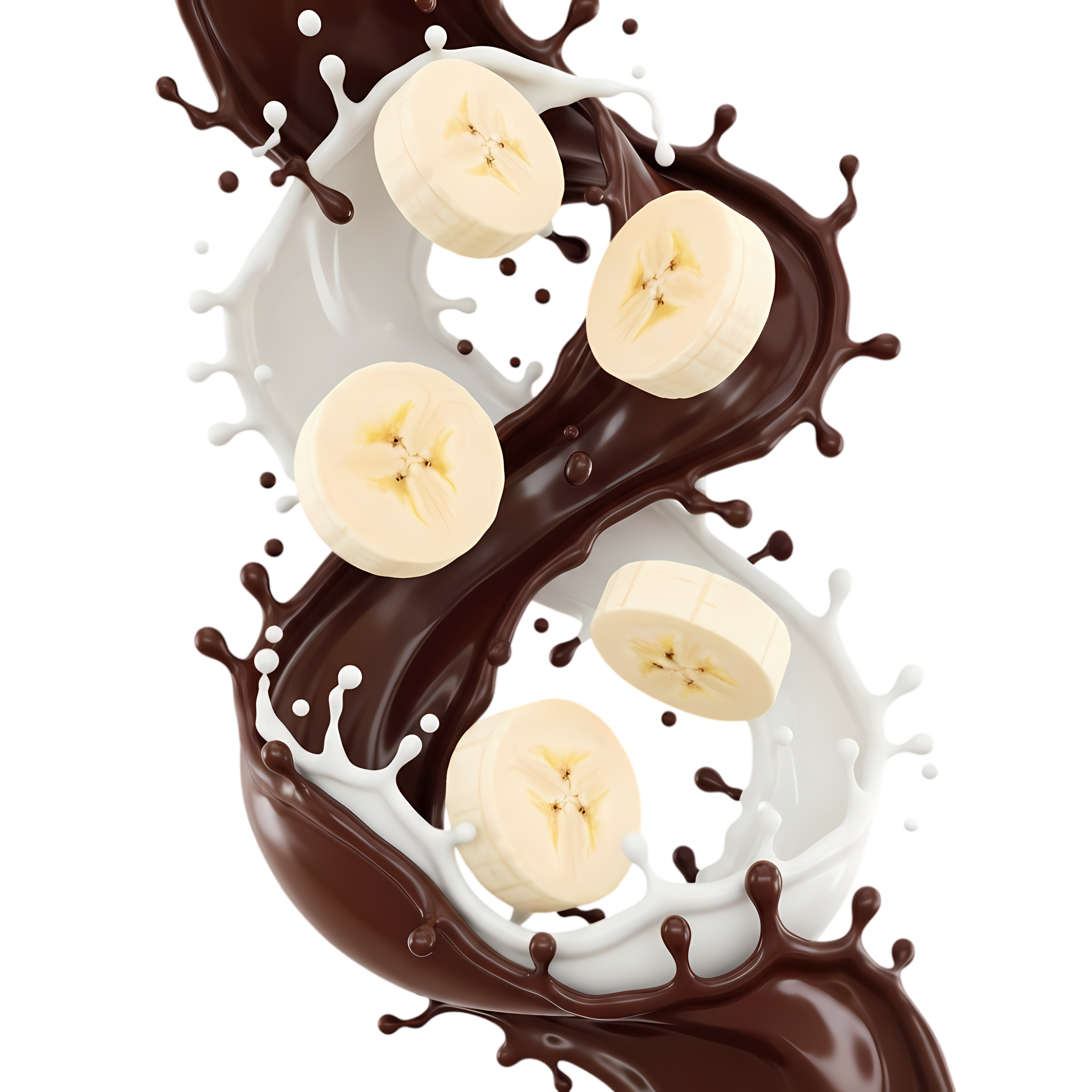 banana slice fruit with milk and chocolate splash effect