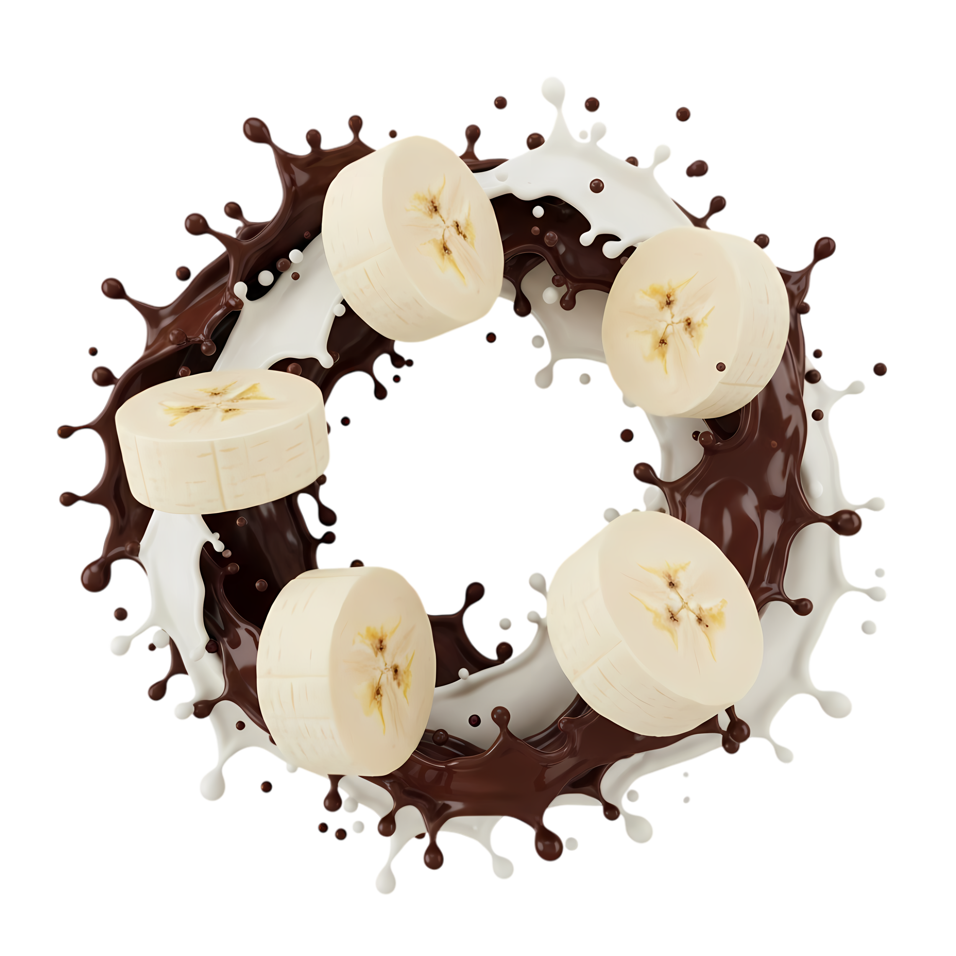 banana slices in chocolate and milk splash