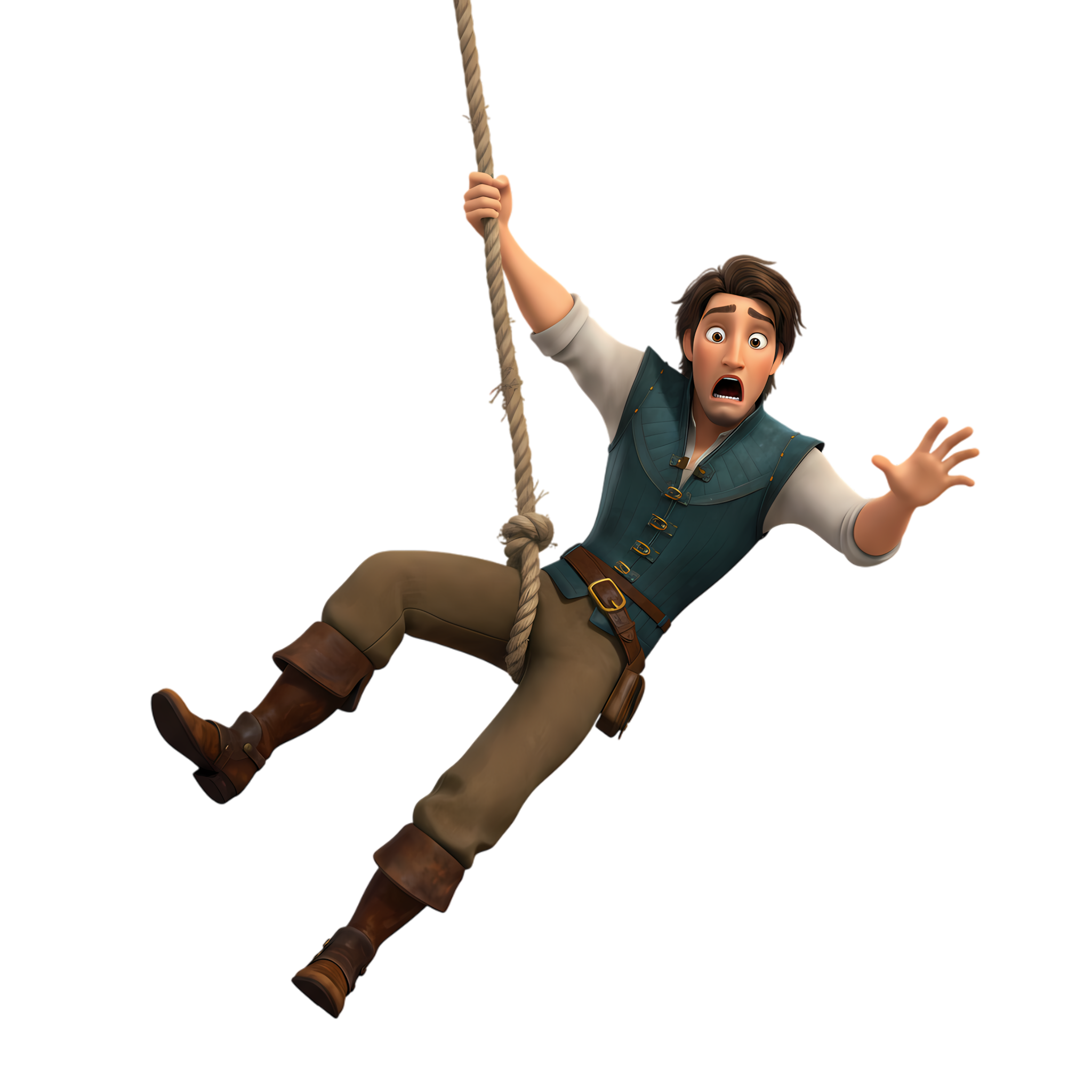 flynn rider hanging from rope with shocked face