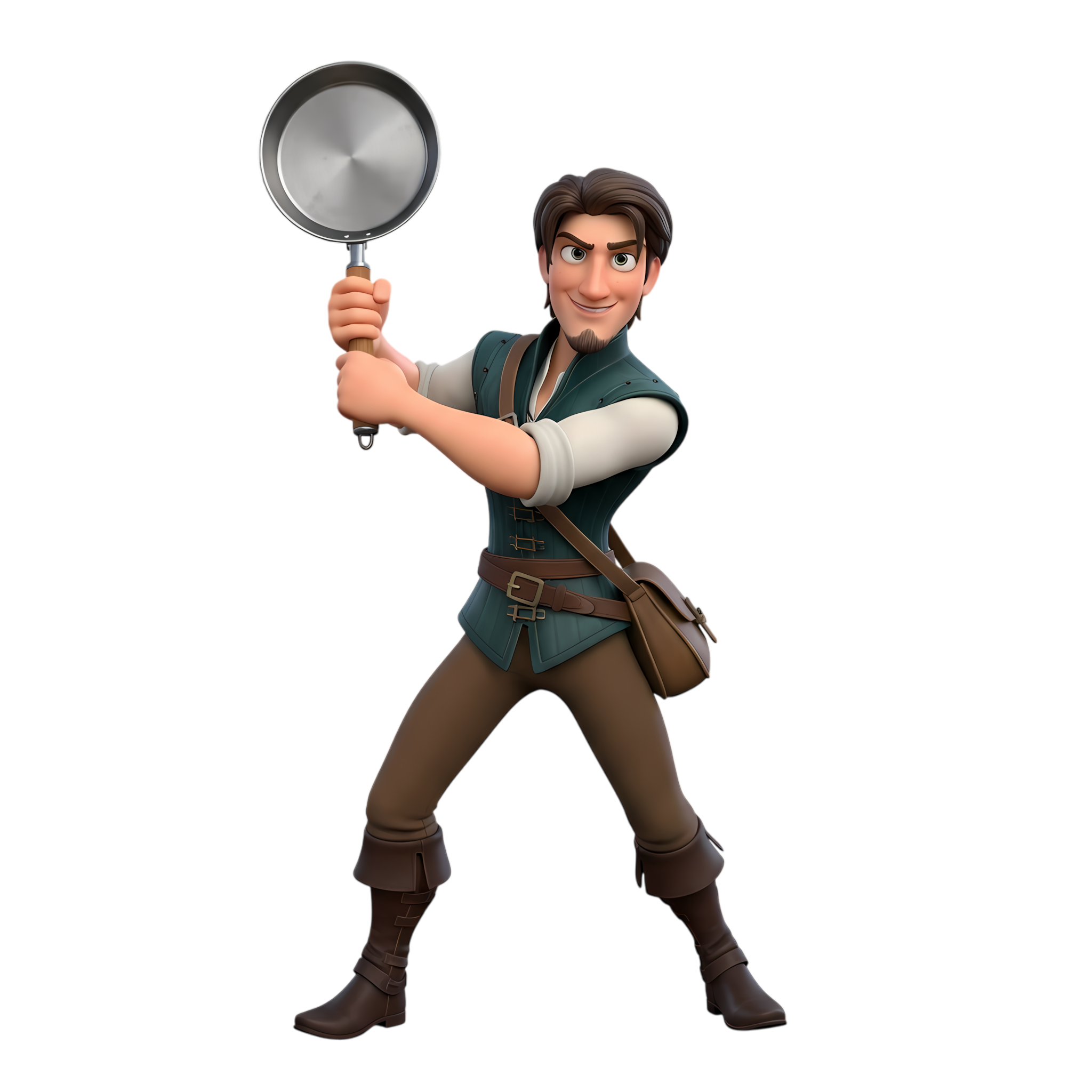flynn rider holding a frying pan heroically