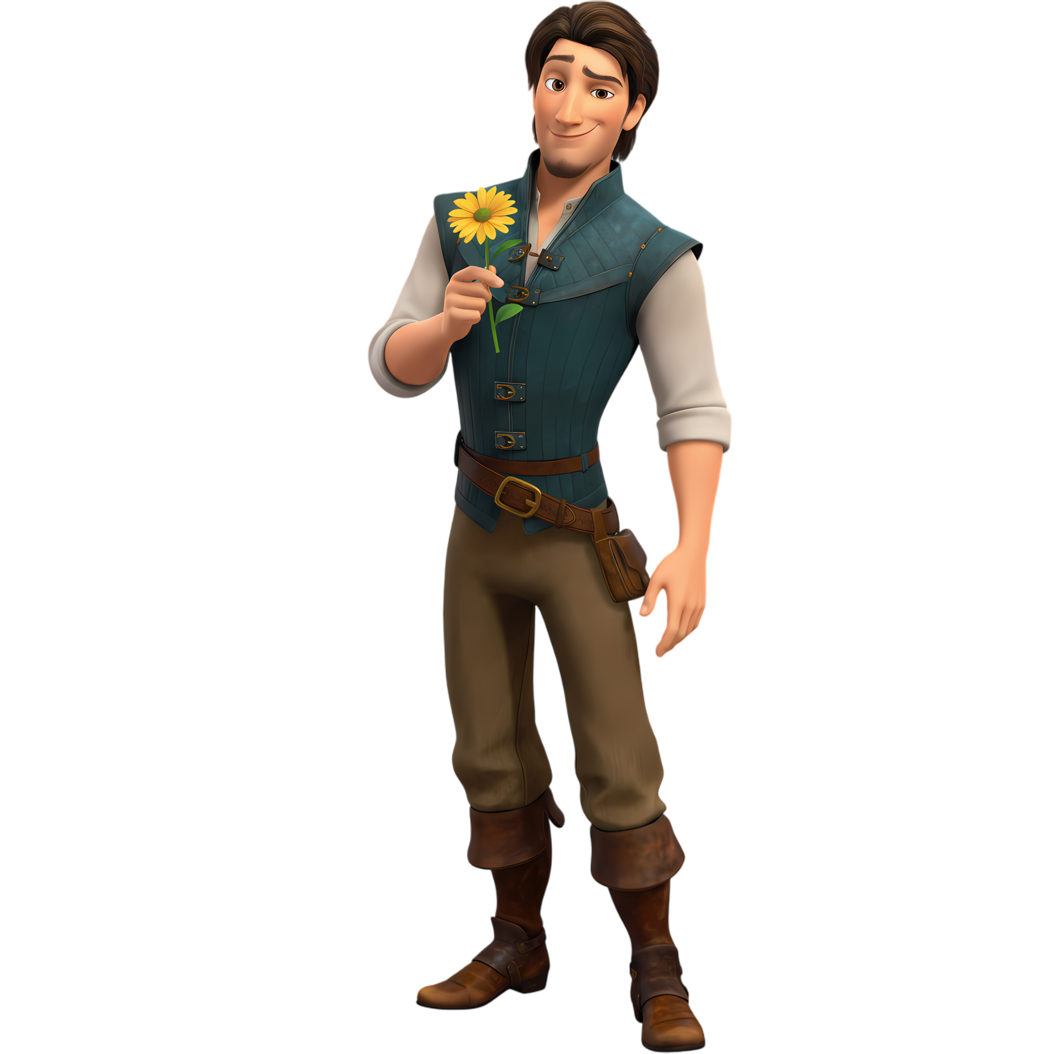 flynn rider holding flower with awkward smile