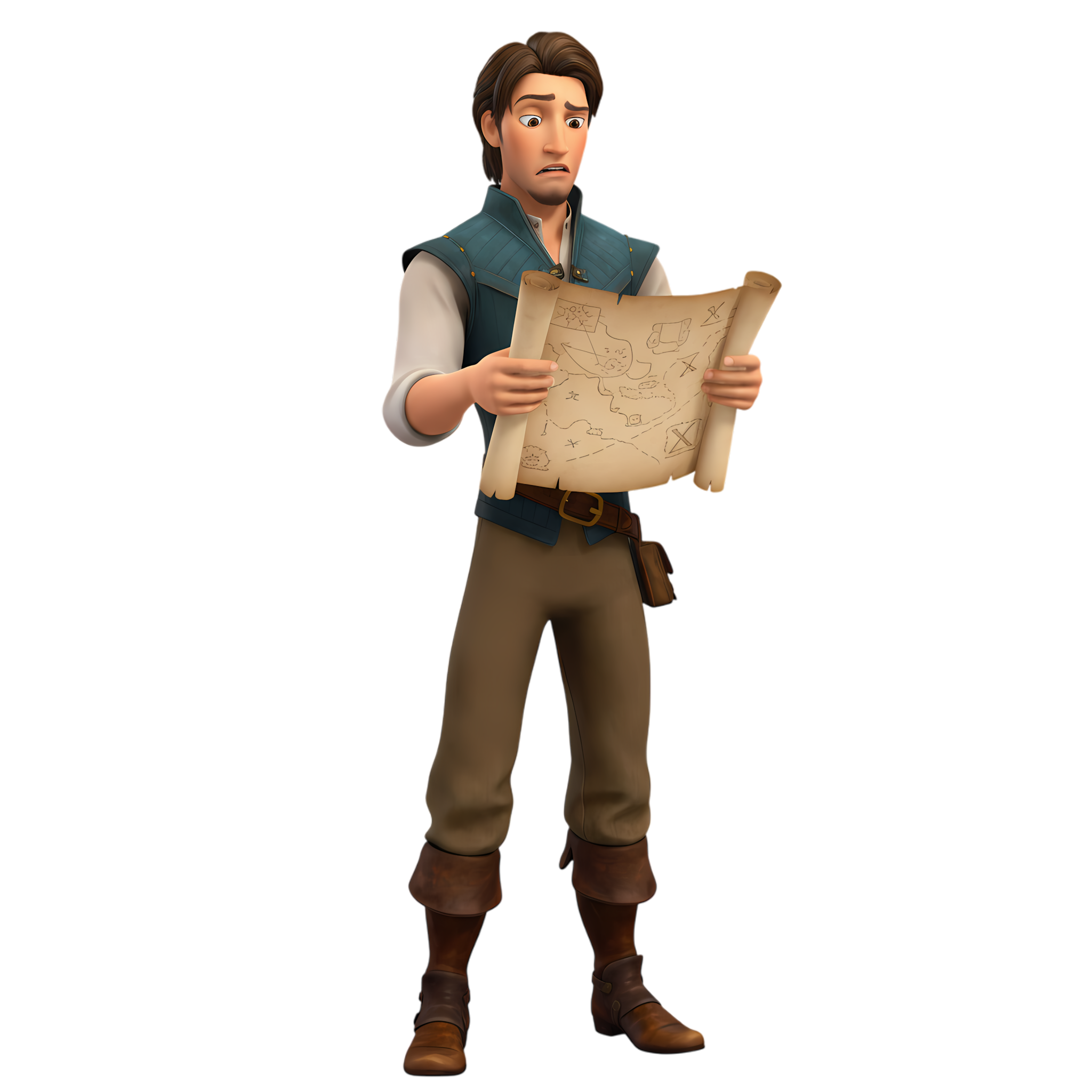 flynn rider holding map with confused look