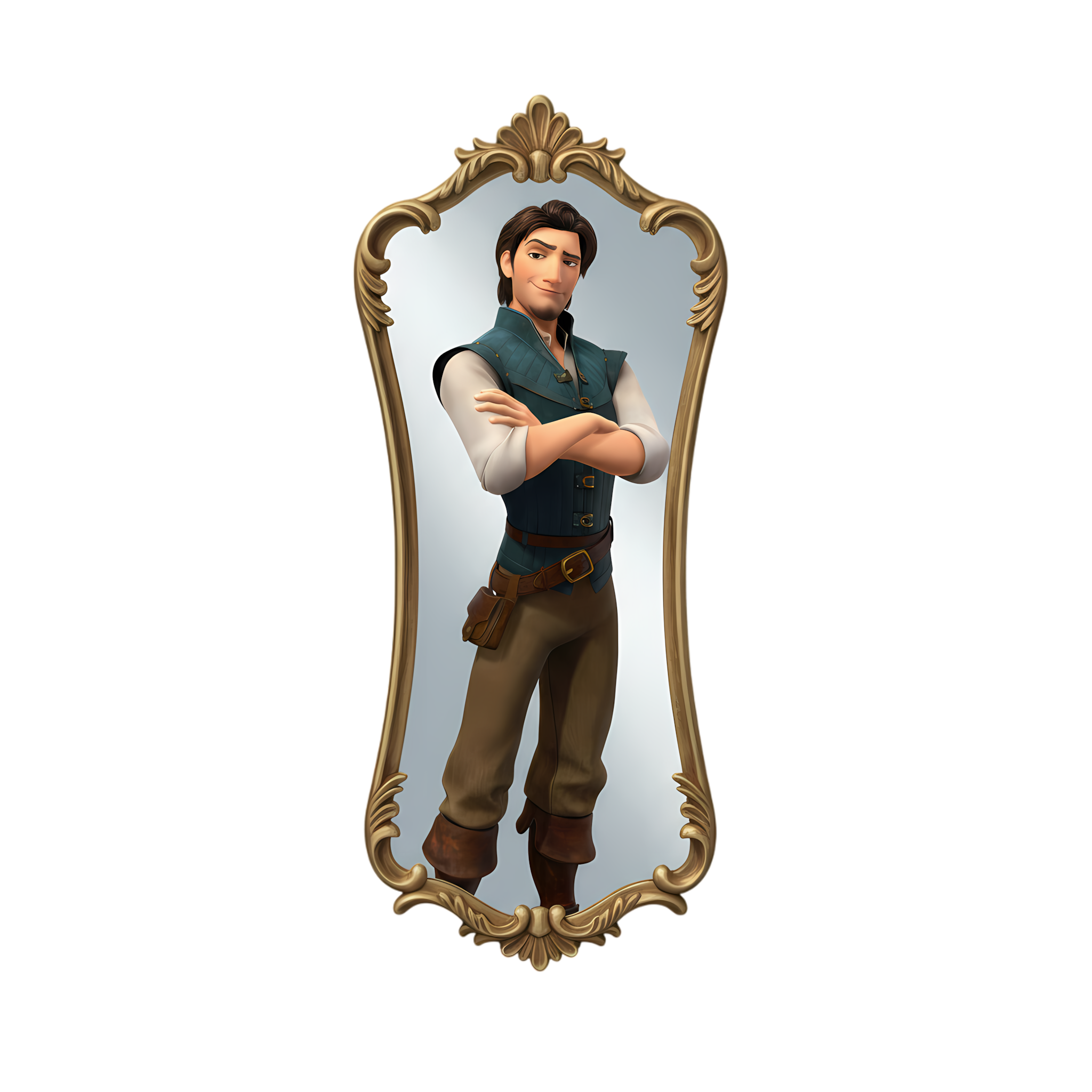 flynn rider looking at mirror with smug smile