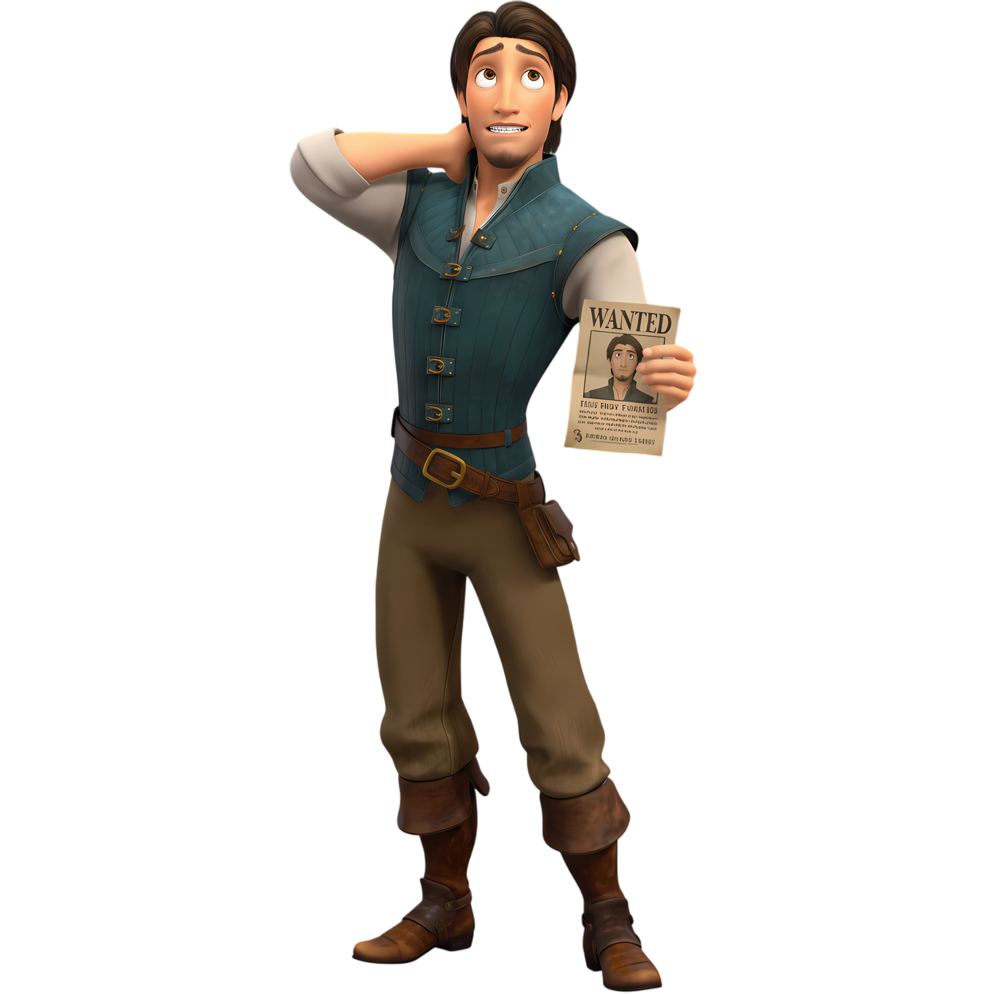flynn rider nervous smile with raised eyebrows