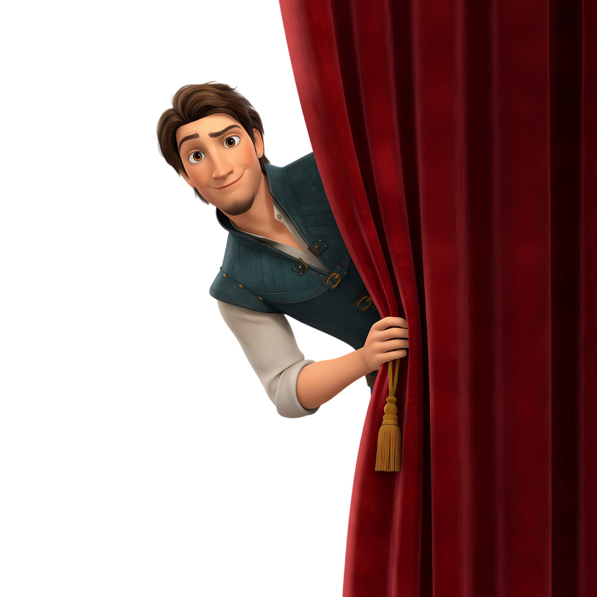 flynn rider peeking from behind curtain