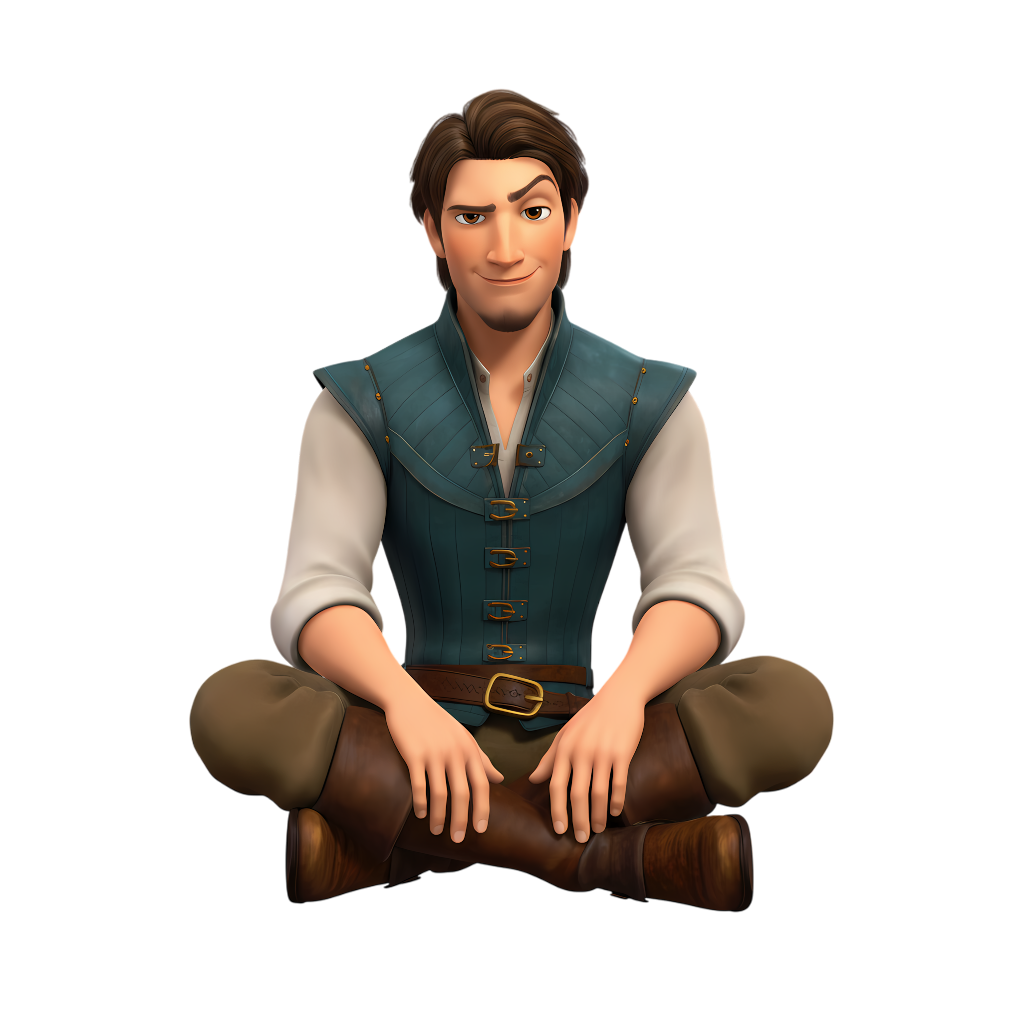 flynn rider sitting cross legged with raised eyebrow