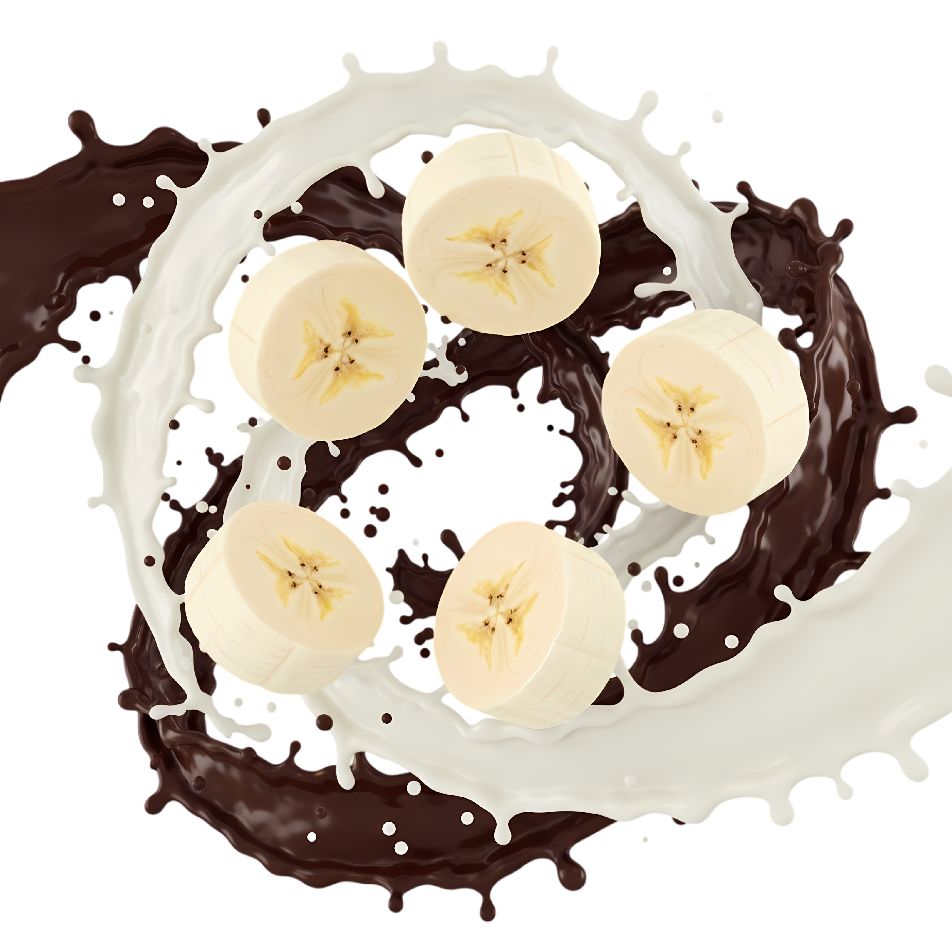 milk and chocolate splash with flying banana