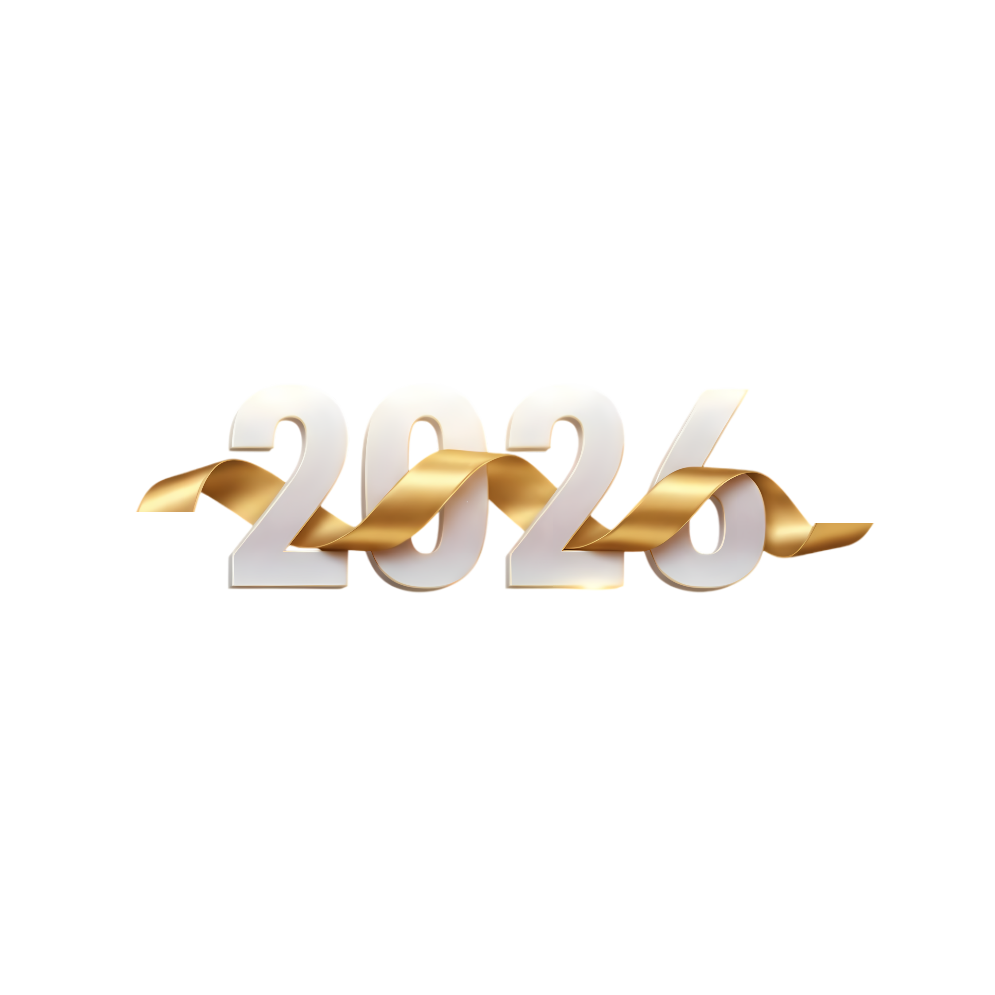 3d white 2026 digits with metallic gold ribbon effect