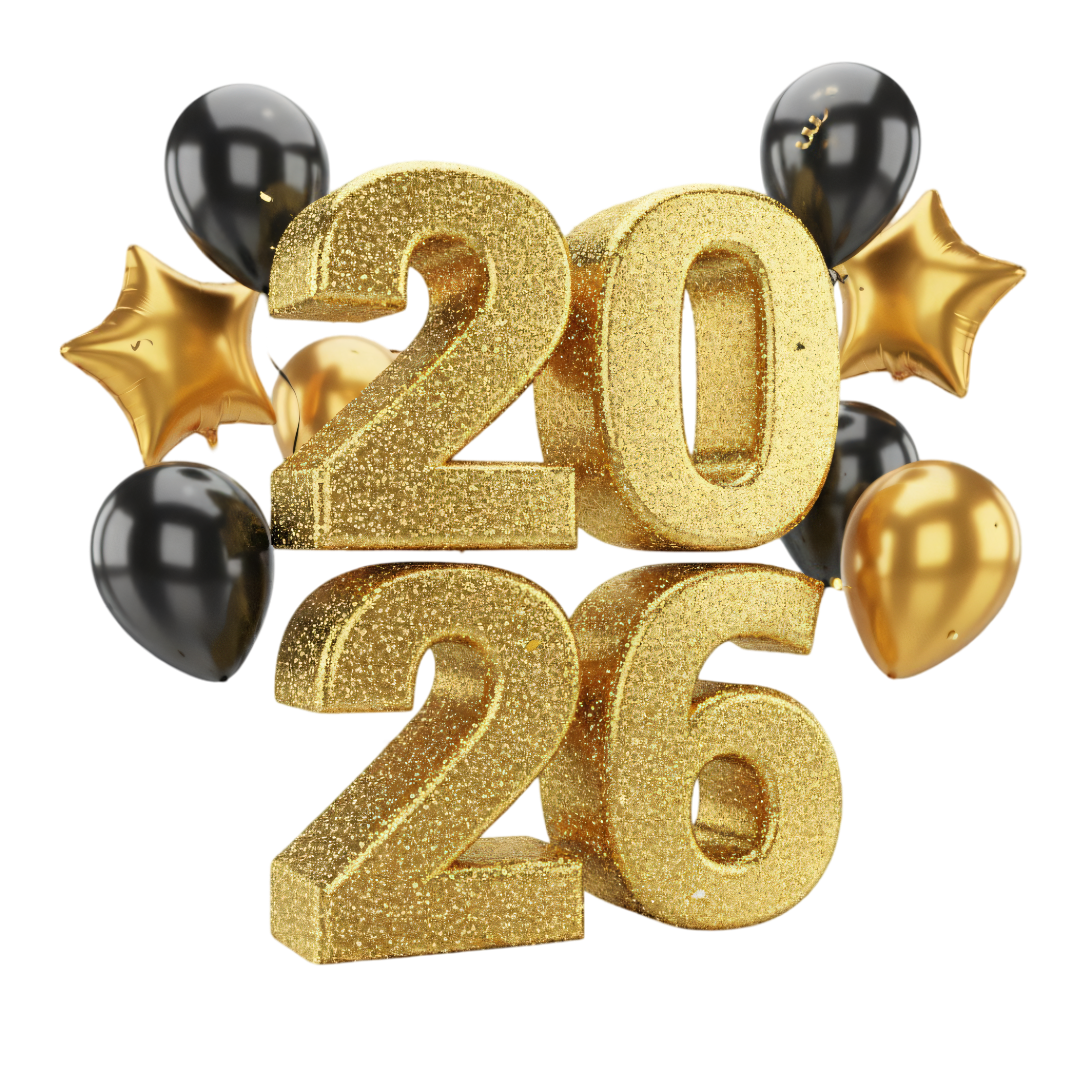 gold glitter 2026 with black and gold balloons