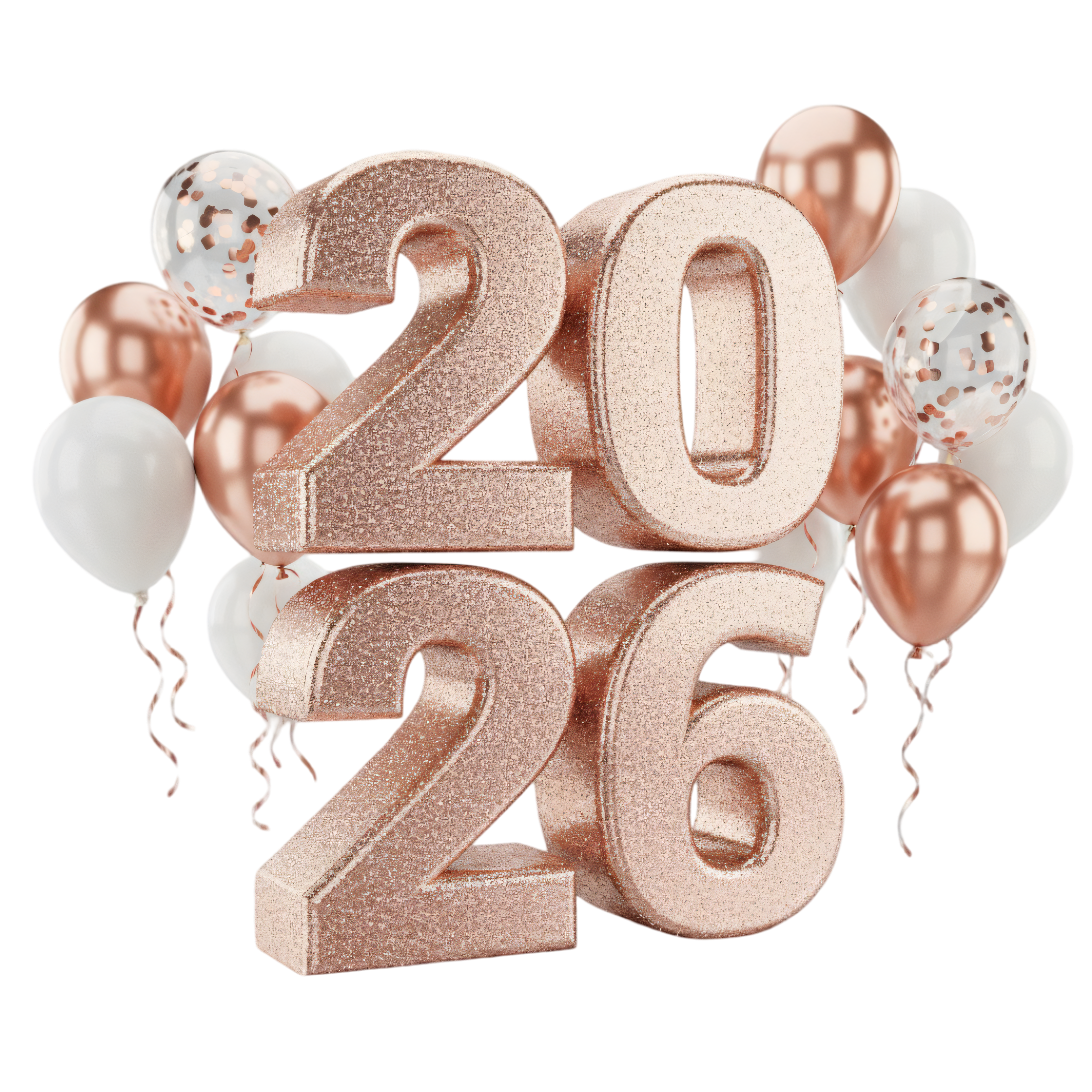 luxurious glitter 2026 with rose gold and white balloons