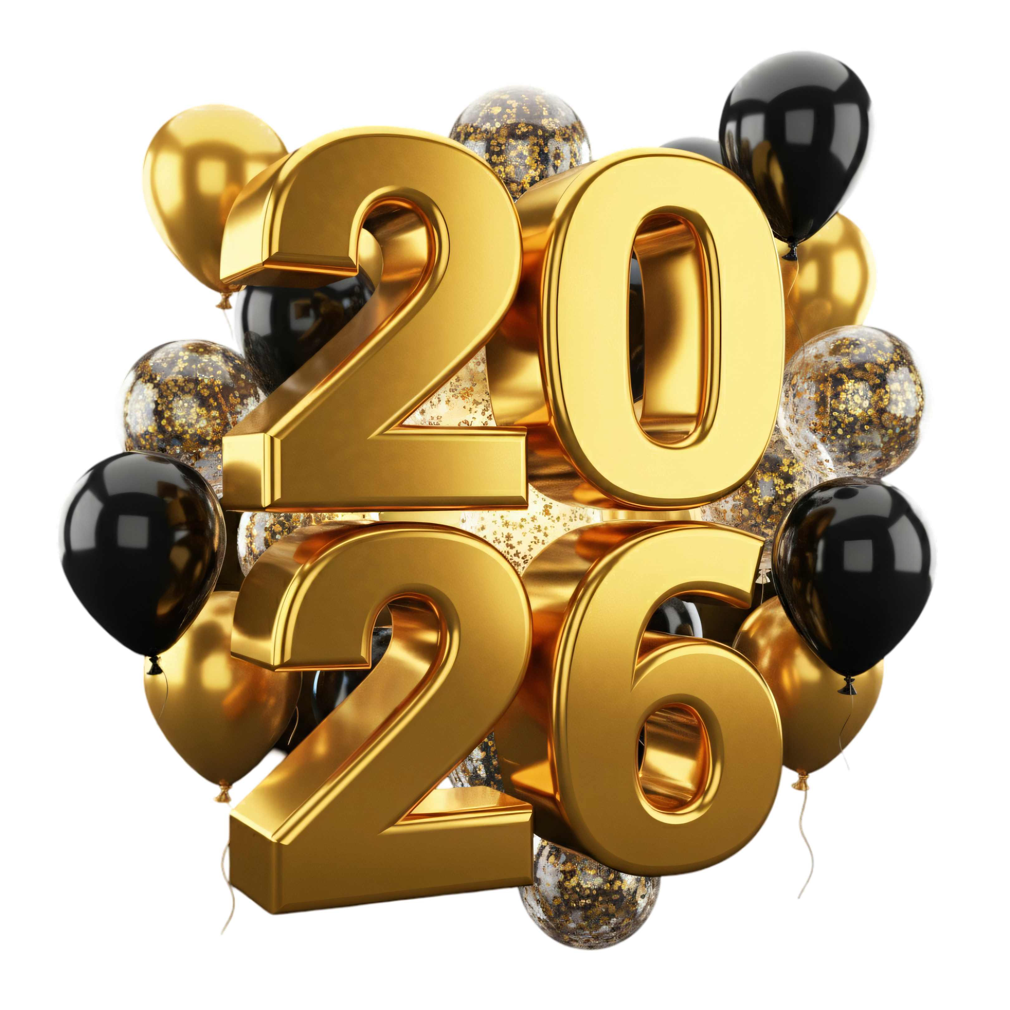 luxurious golden 2026 with floating black balloons