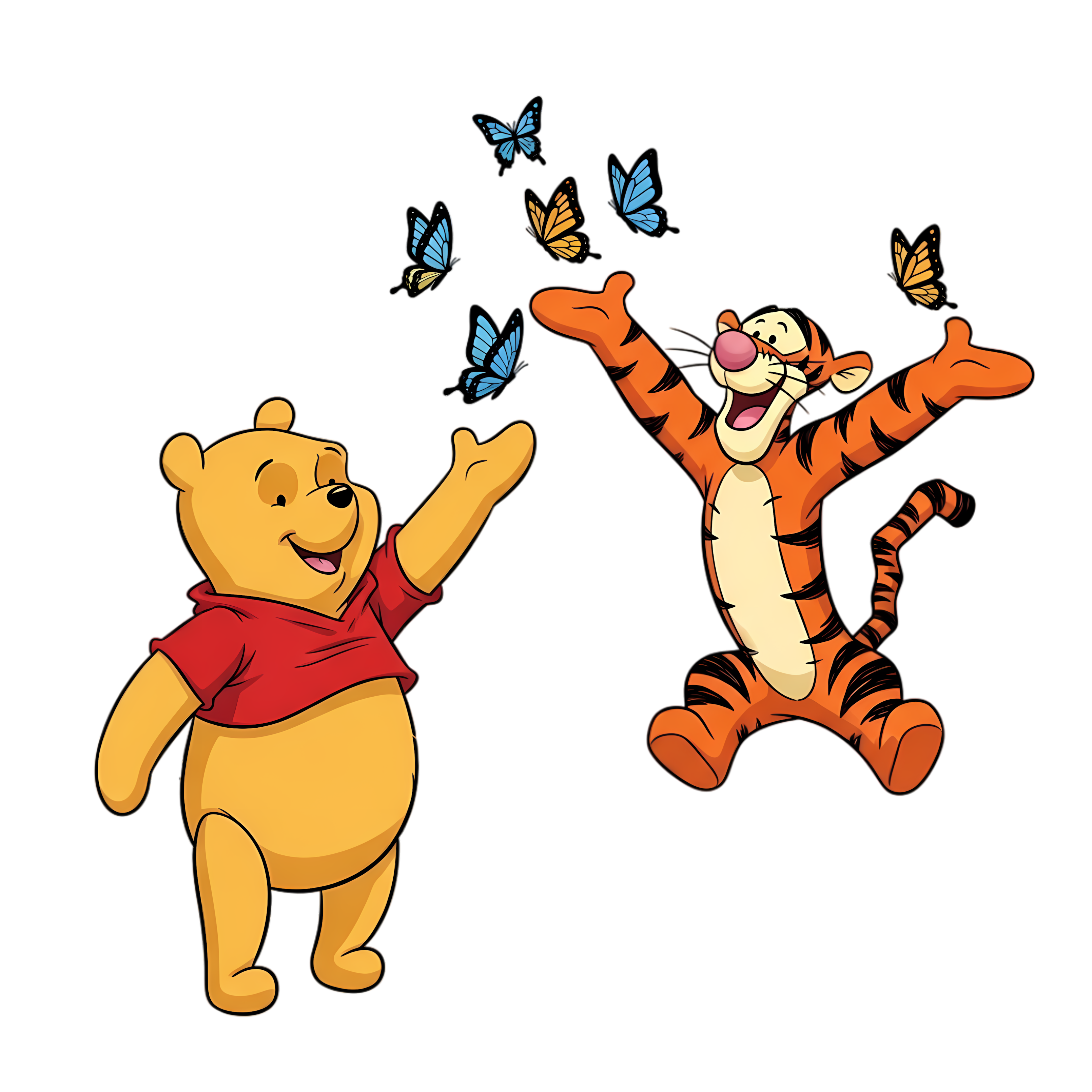playful pooh and tigger chasing butterflies