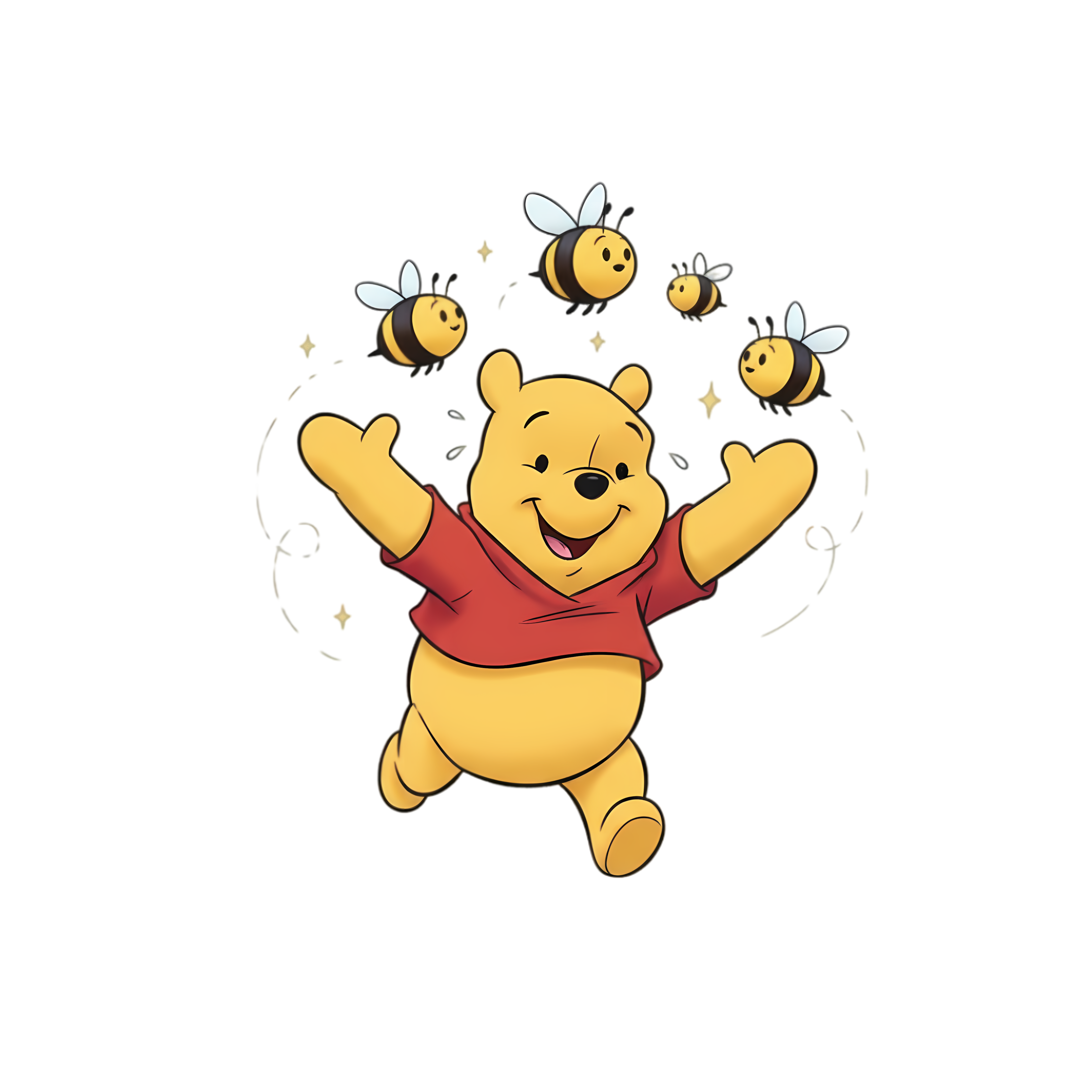 playful pooh bear chasing buzzing bees