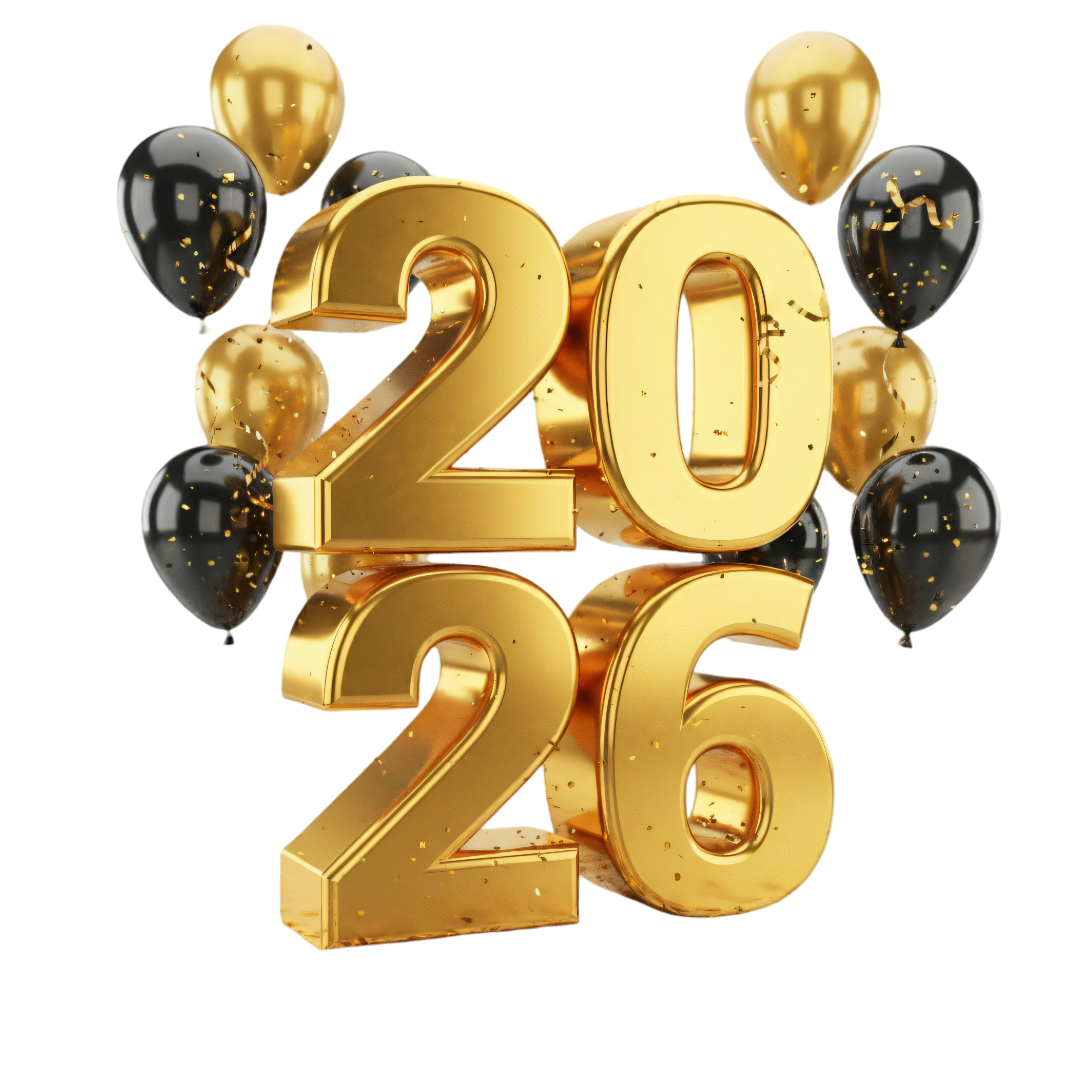 premium golden 2026 typography with party balloons