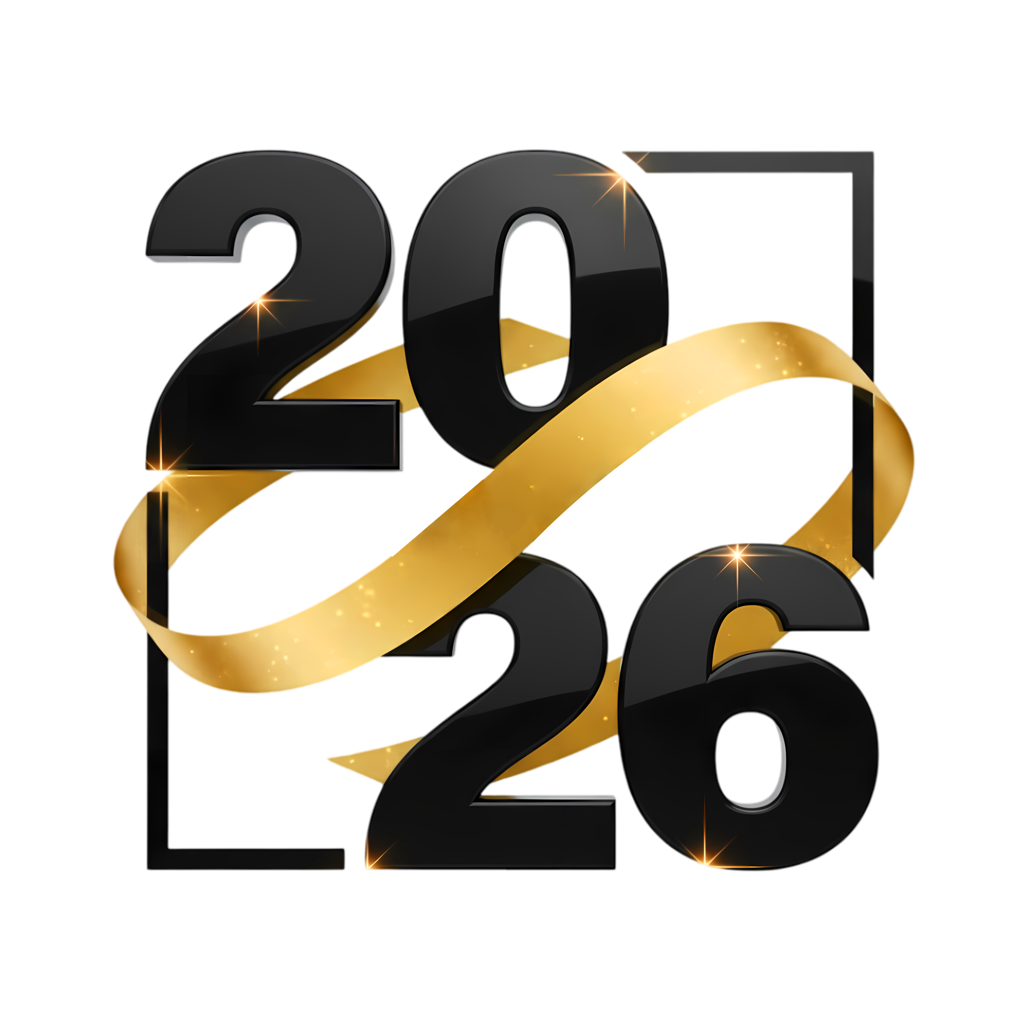 3d black glossy 2026 wrapped in metallic gold ribbon sparkle