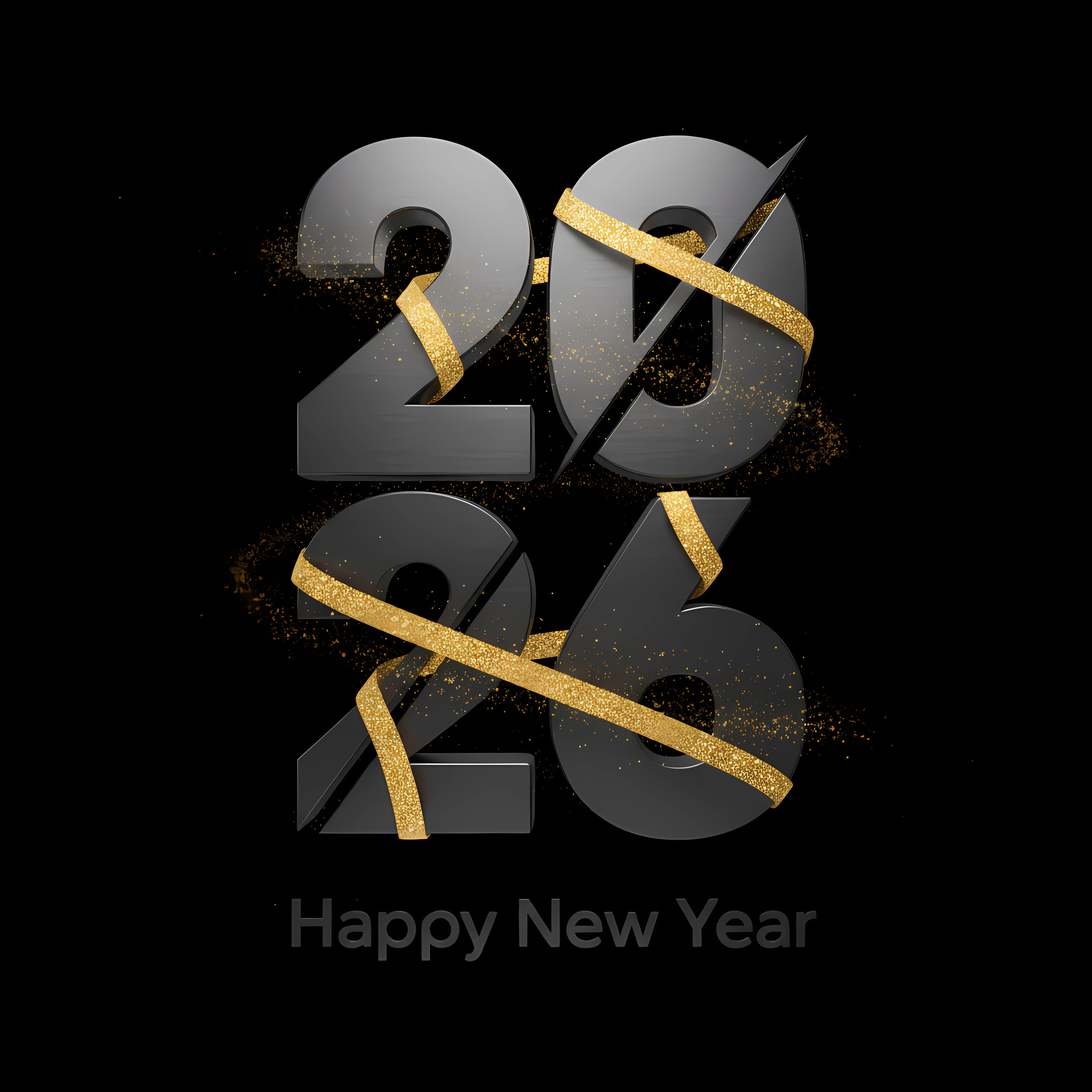 3d dark silver 2026 with gold glitter ribbon spark effect card