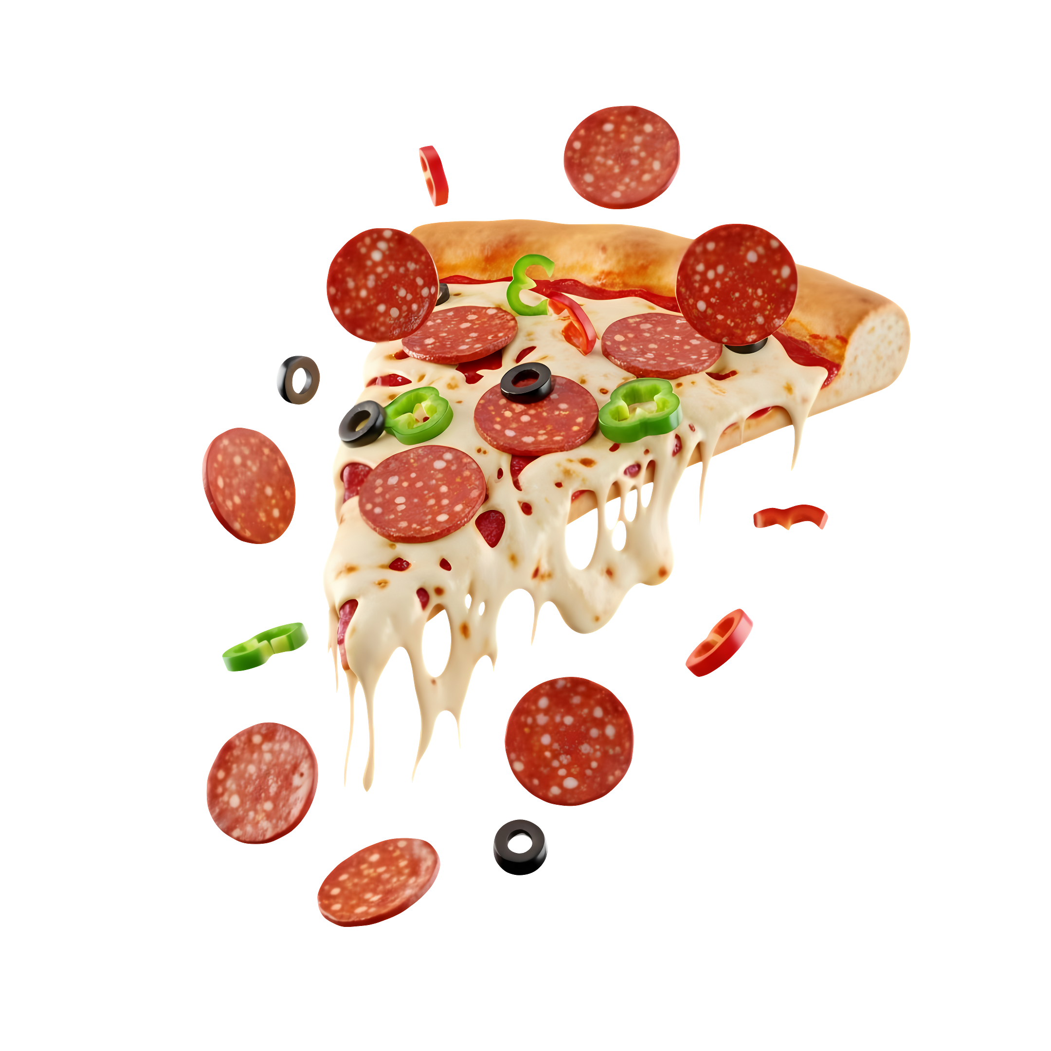 3d dynamic pepperoni slice with cheese stretch