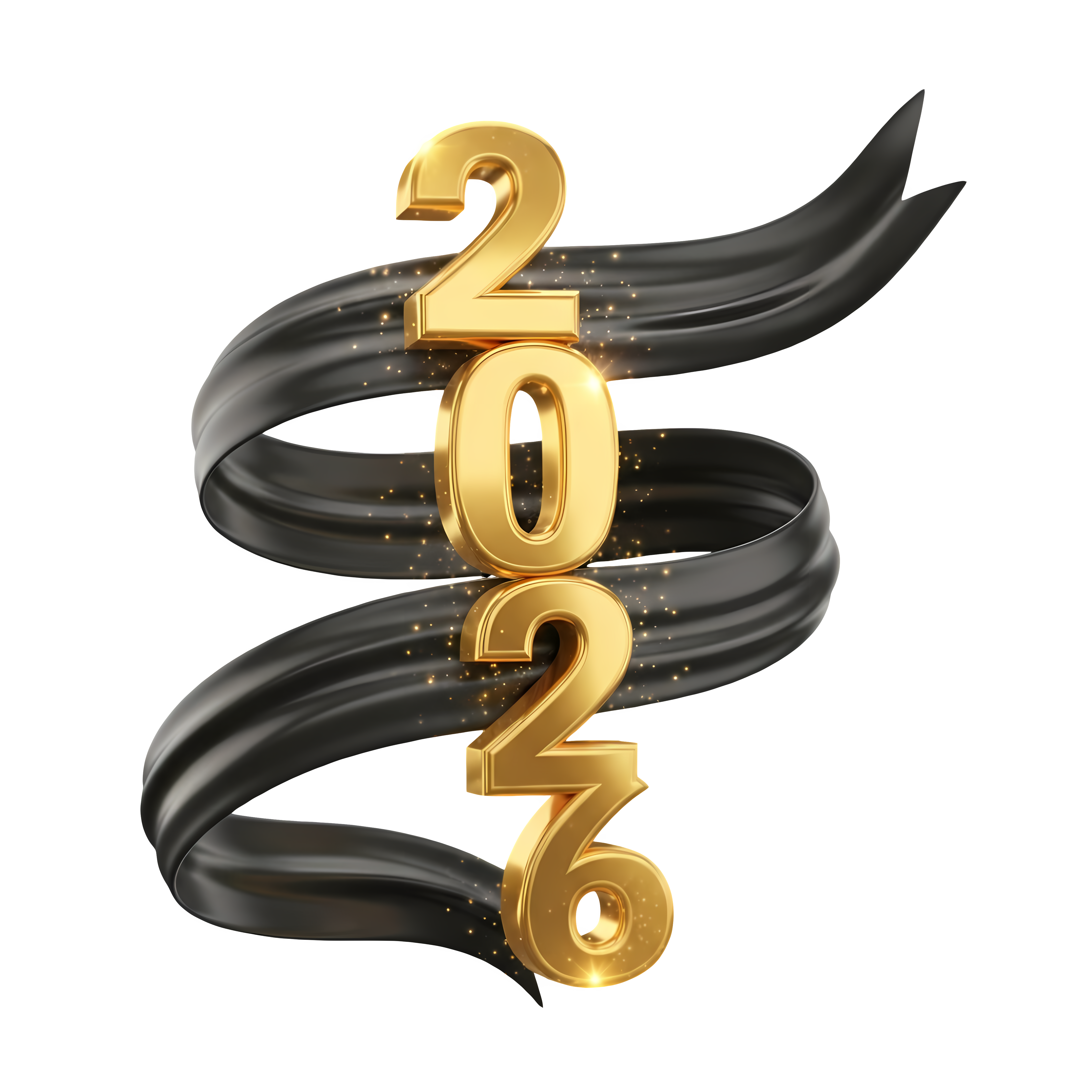 3d gold 2026 with black satin ribbon glow effect
