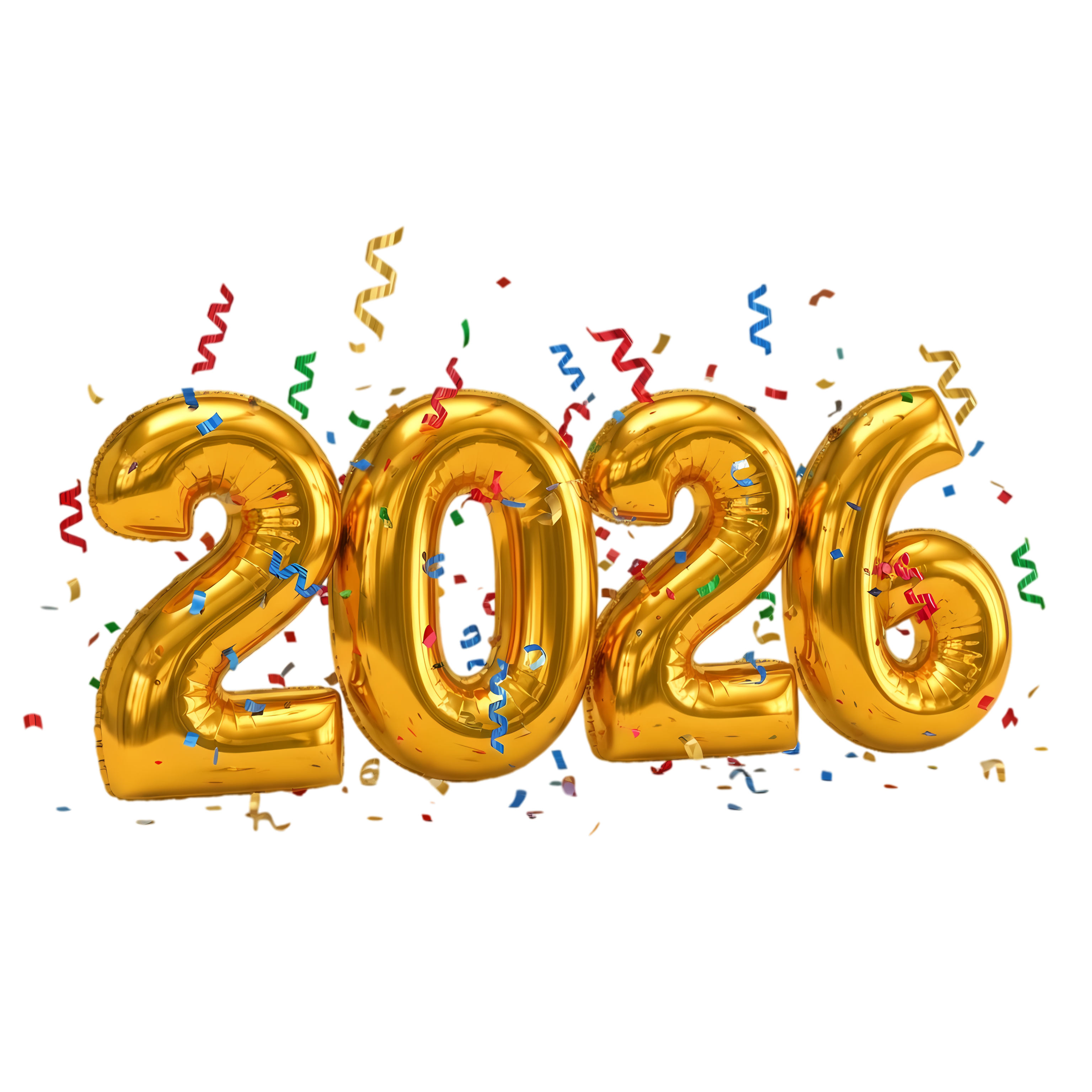 2026 celebration bold typography with ribbon and confetti