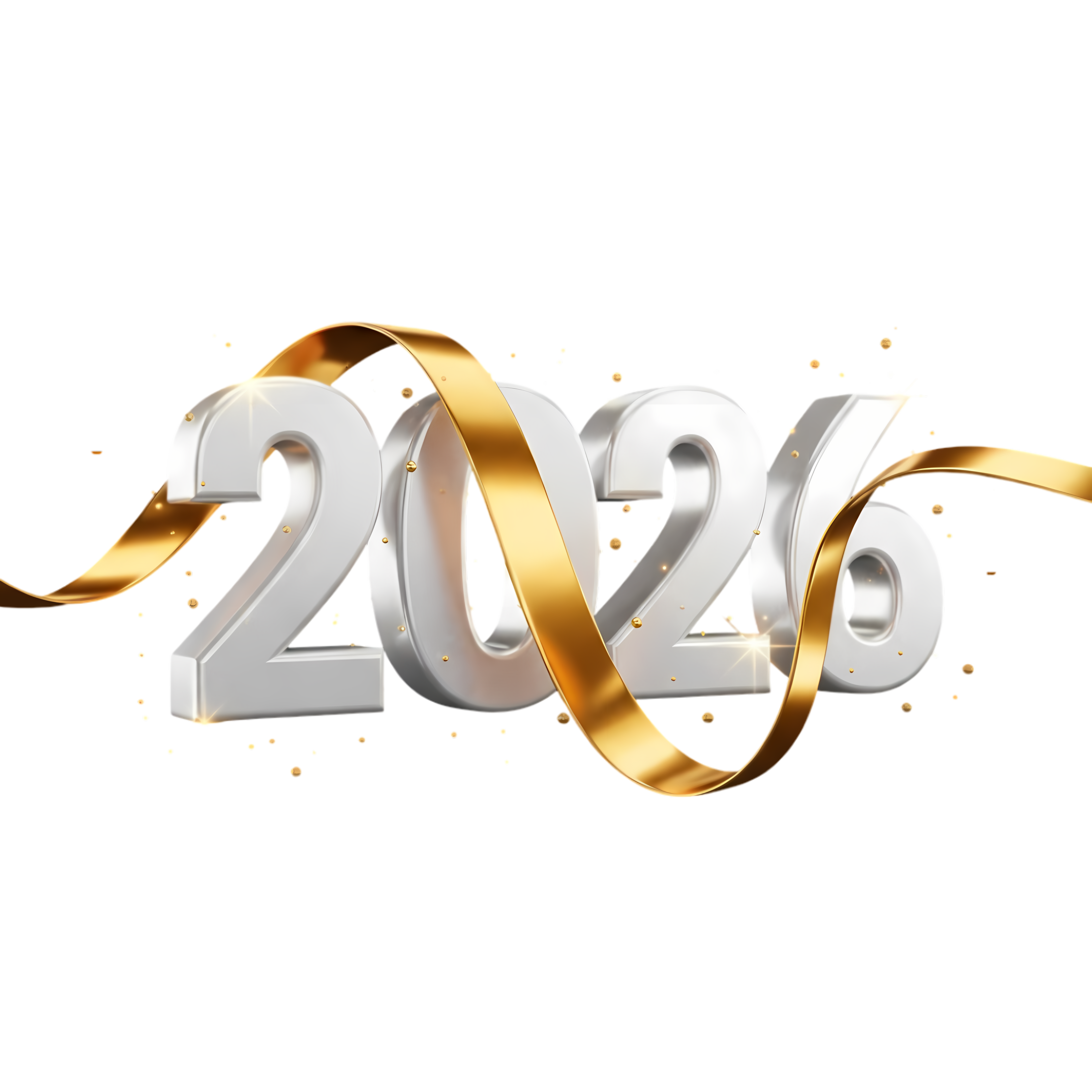 2026 new year white 3d digits with shiny gold stream