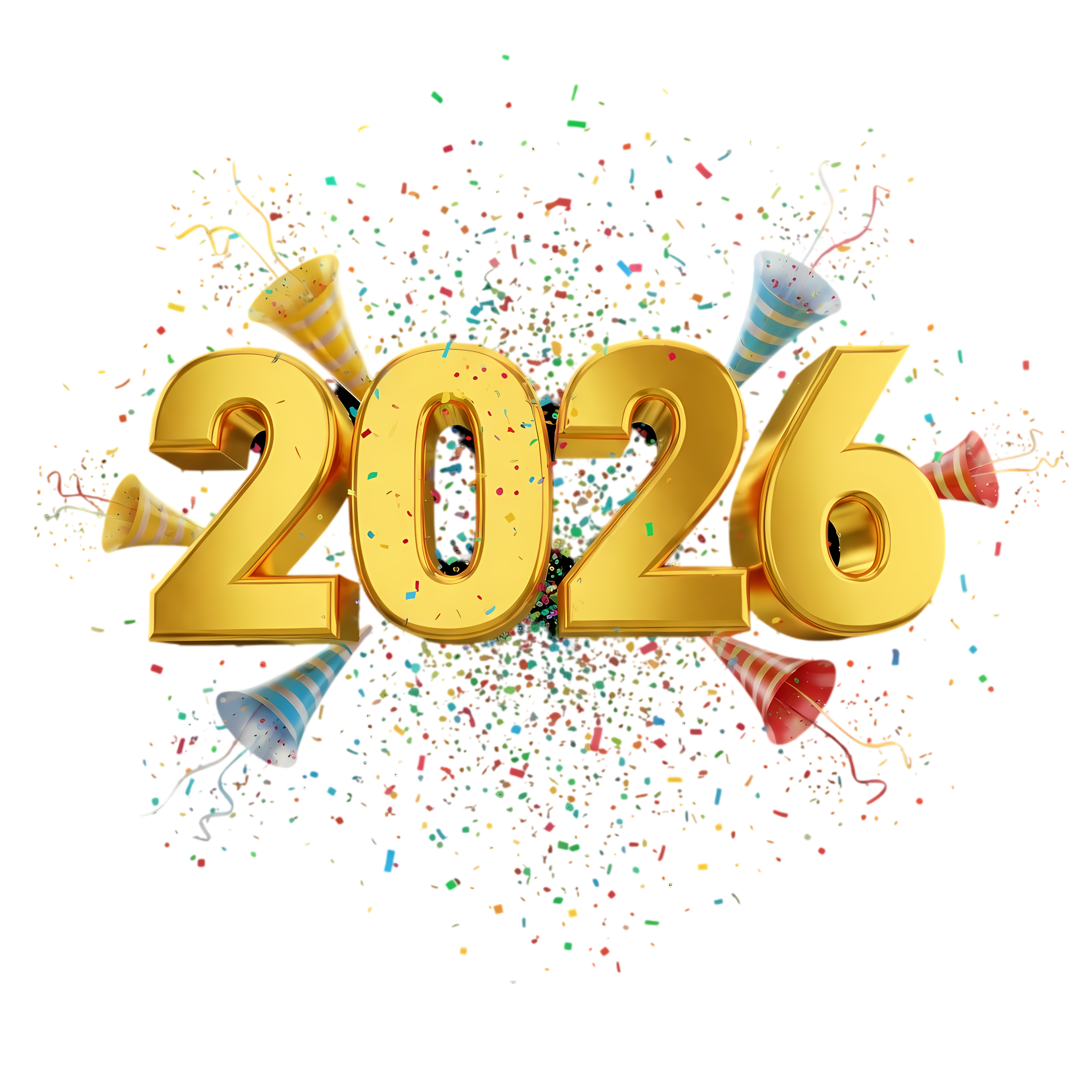 bright gold 2026 typography with confetti and celebration horn