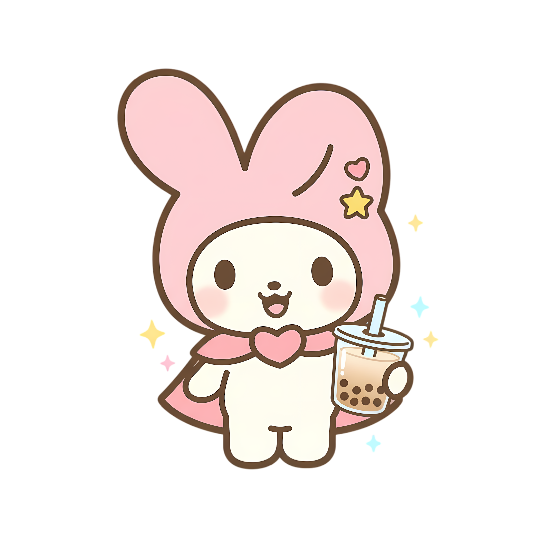 cheerful pastel bunny holding boba tea with sparkly accents