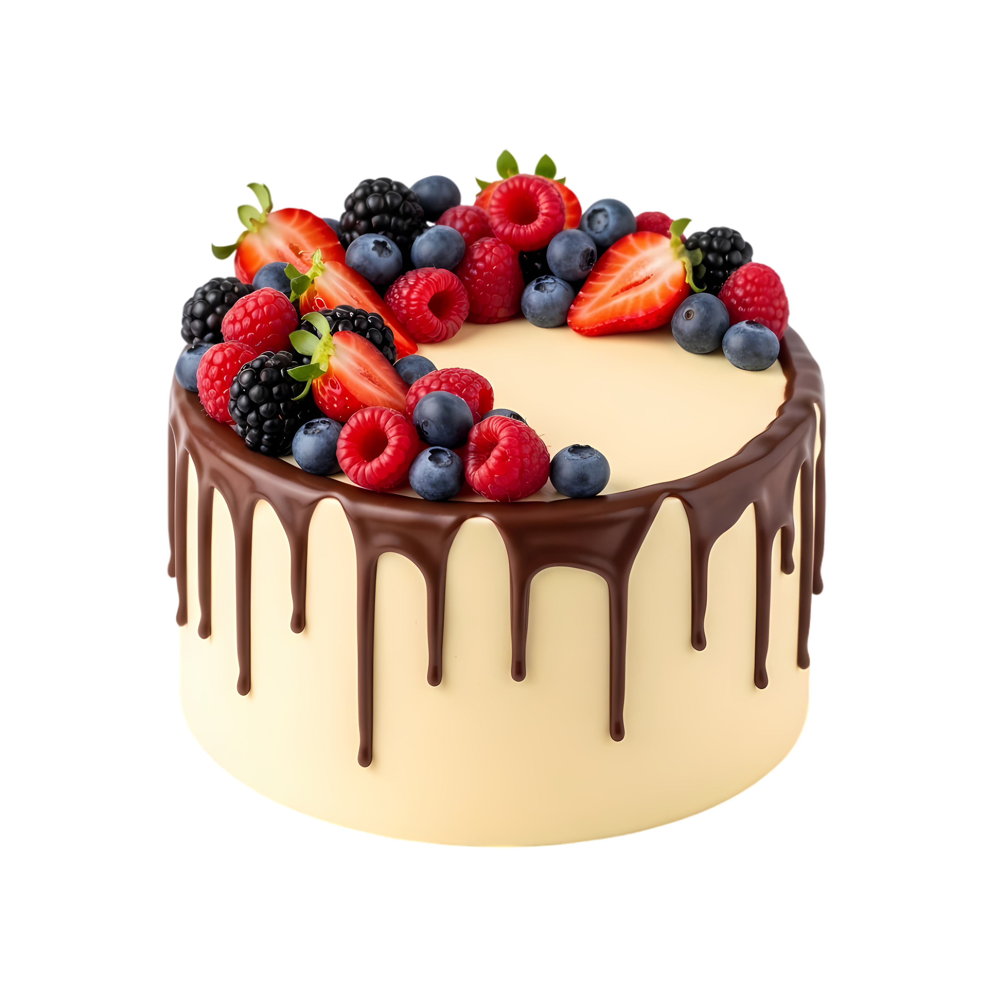 cream cake with chocolate drip and berry mix