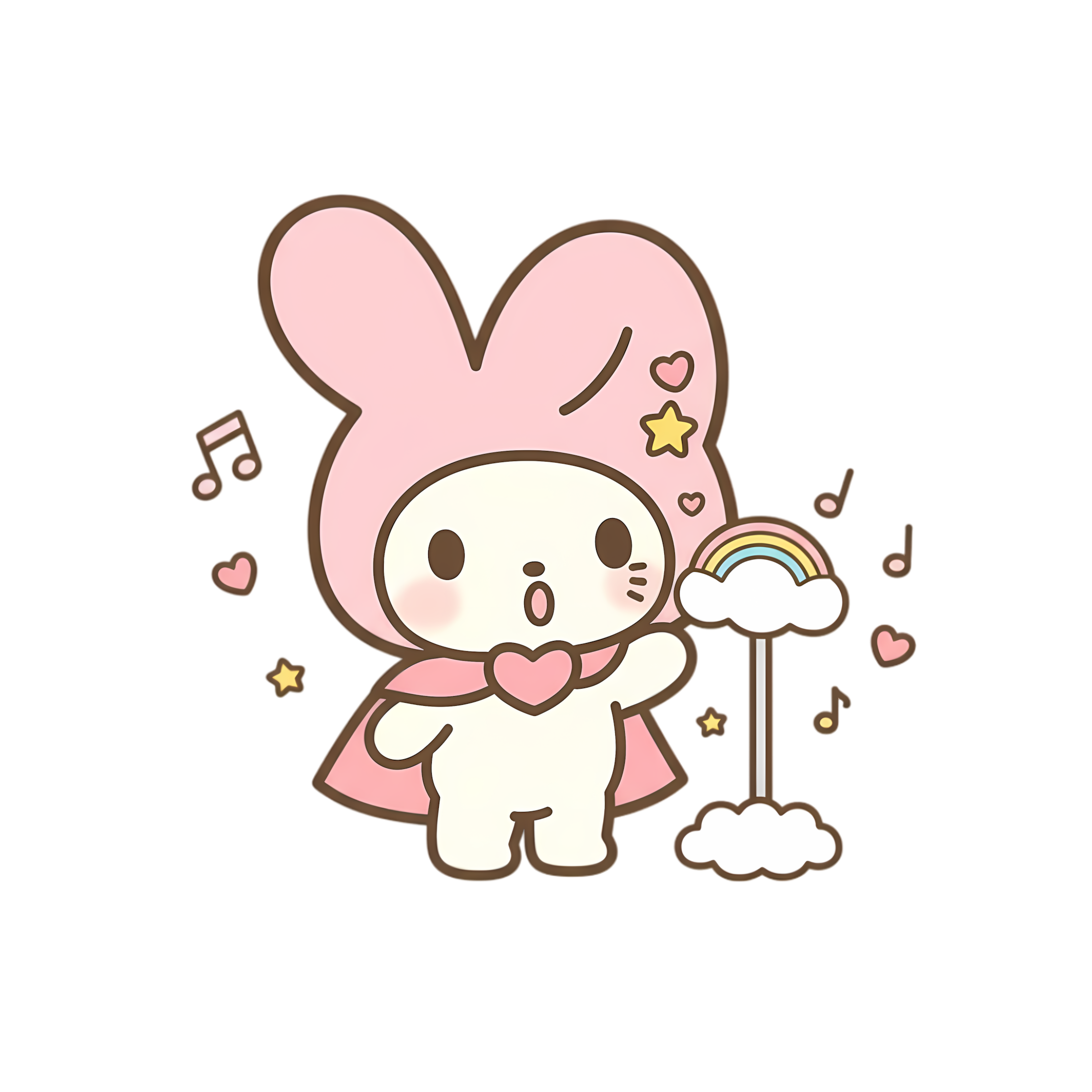 cute chibi rabbit singing beside rainbow mic