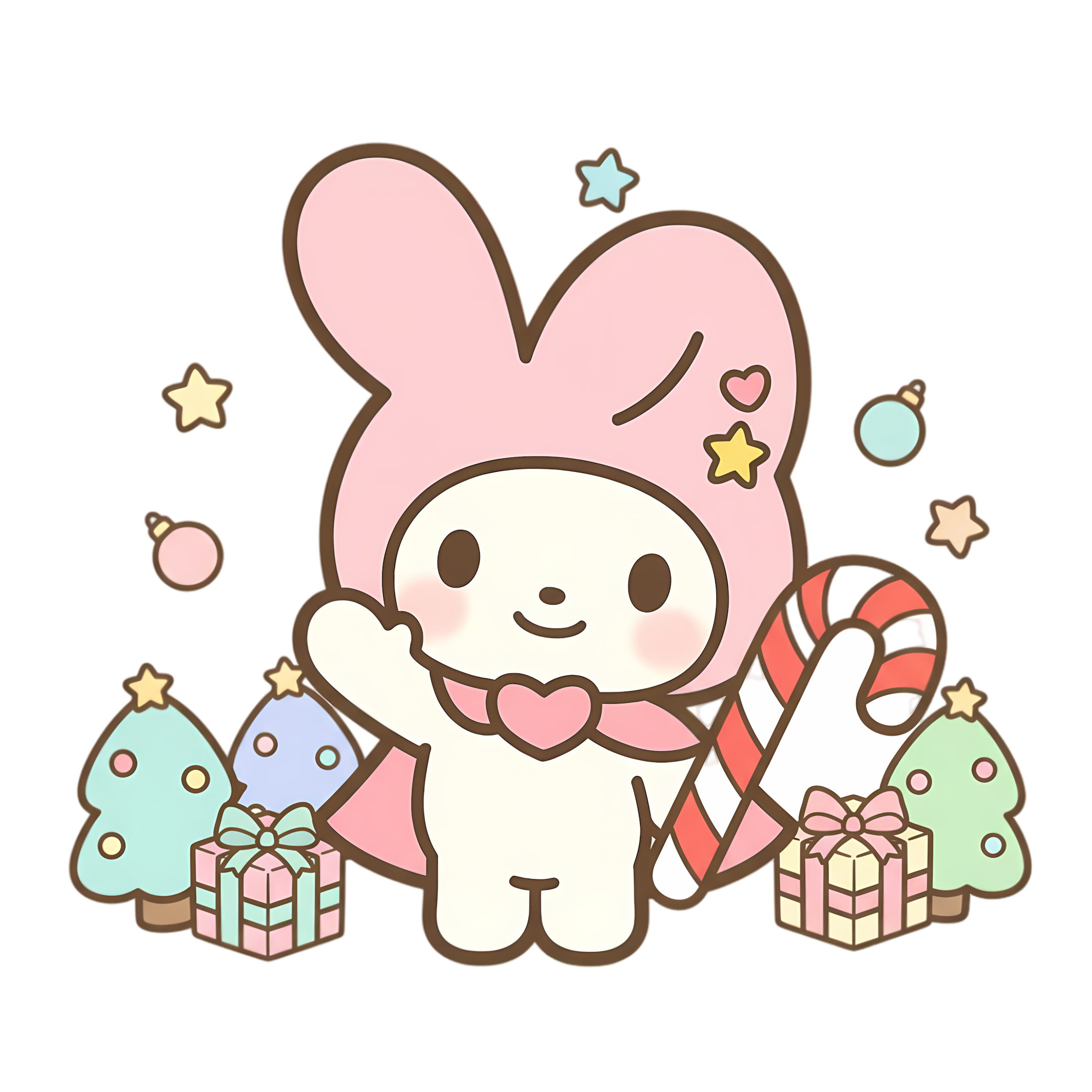 cute pastel bunny holding candy cane in kawaii christmas