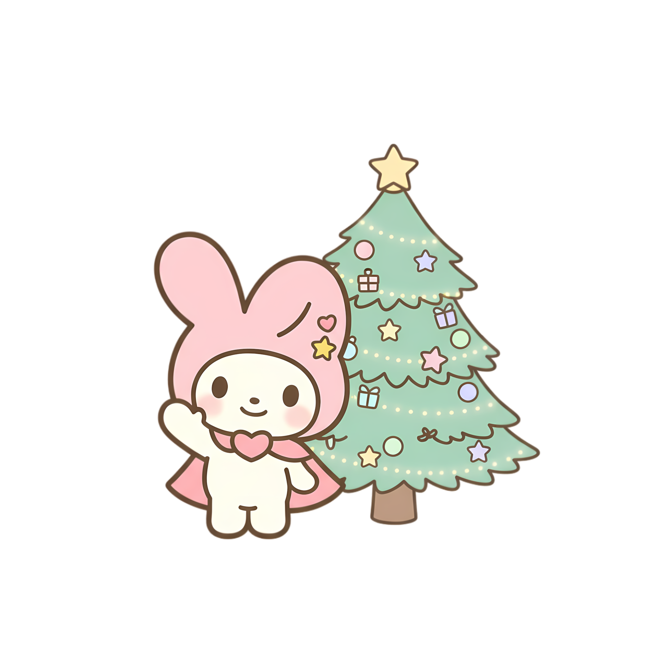cute pastel bunny standing beside christmas tree