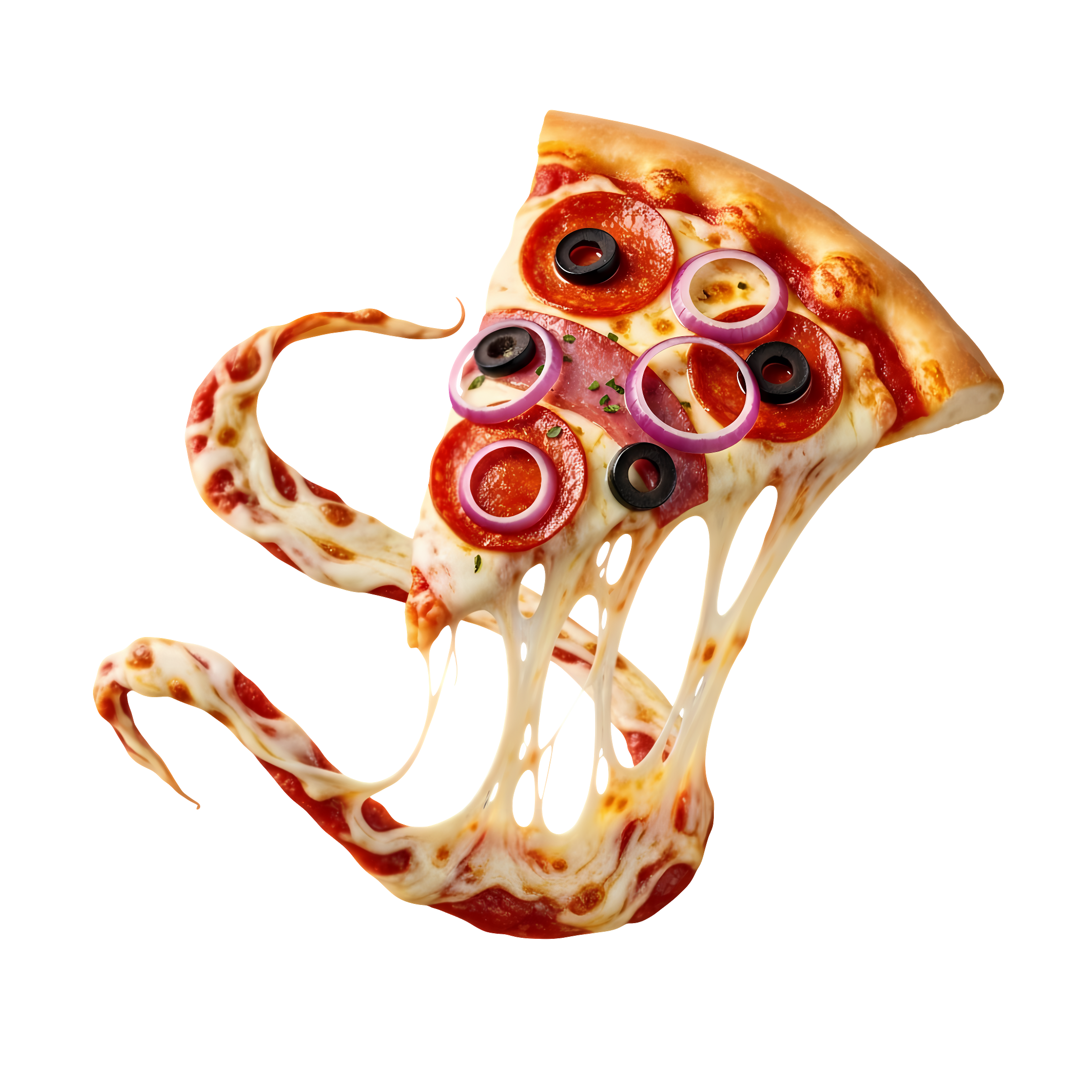 dynamic pizza slice with floating ingredients