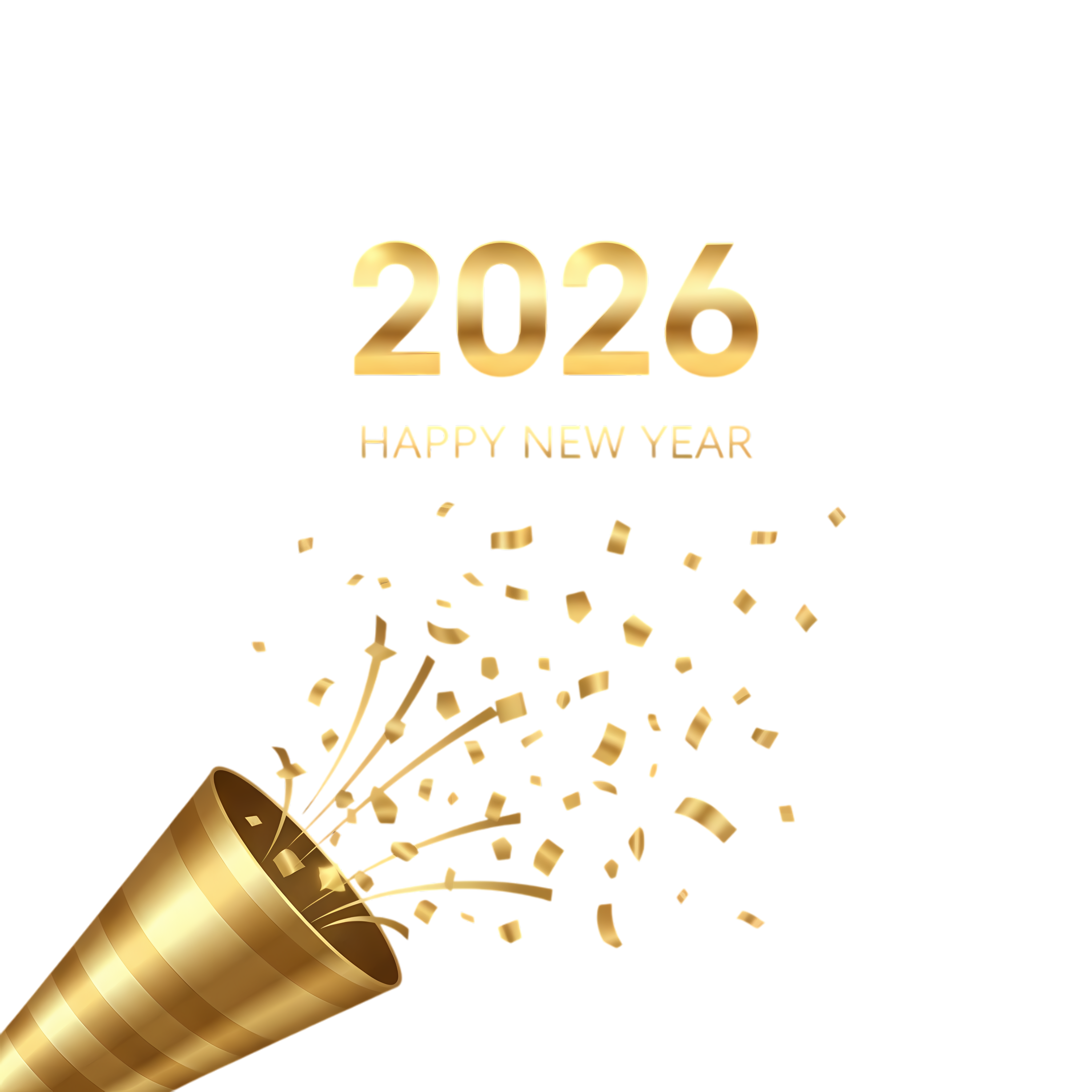 elegant 2026 new year graphic with gold party popper and confetti