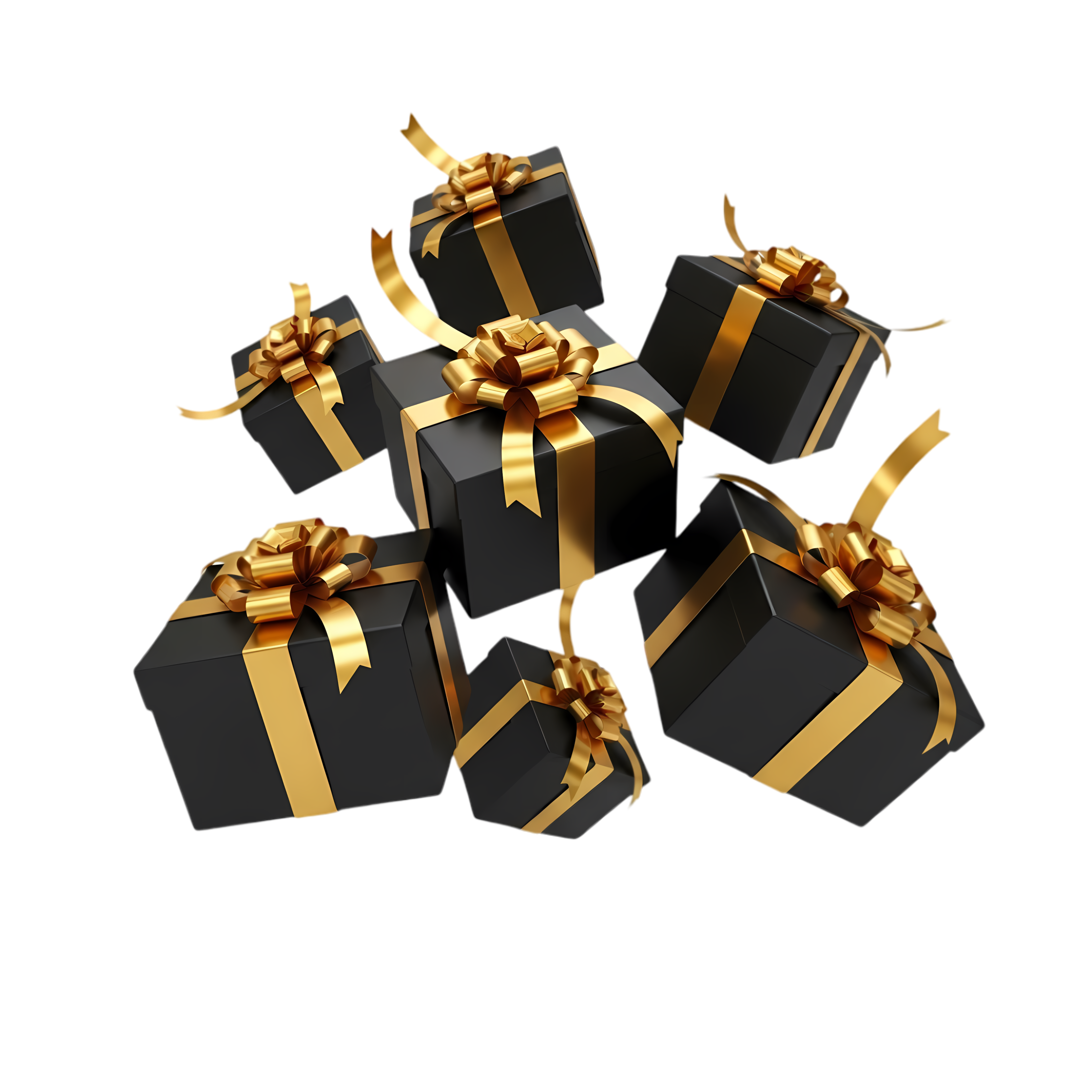 floating black gift boxes wrapped in glossy gold ribbons