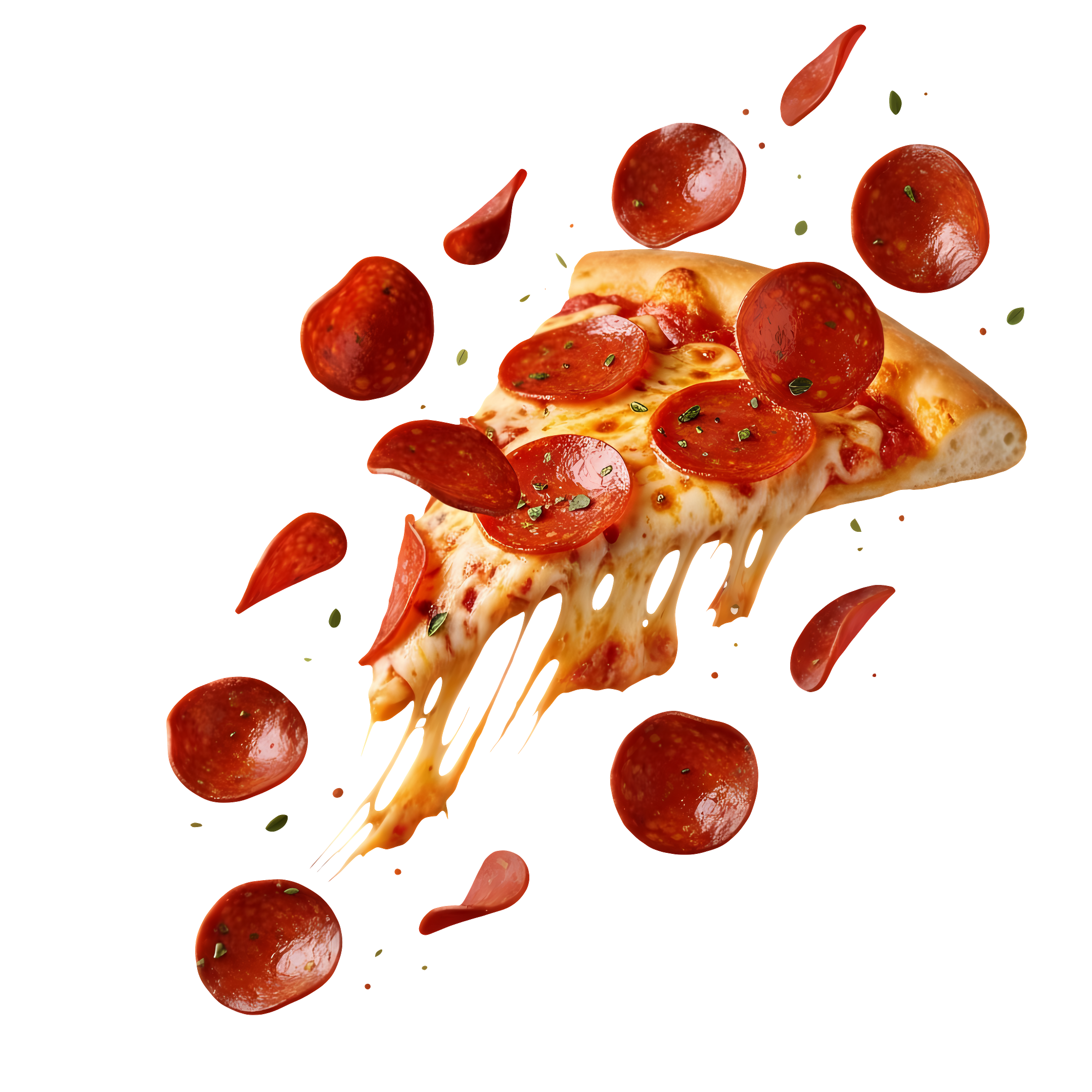 flying pepperoni pizza slice with cheese pull