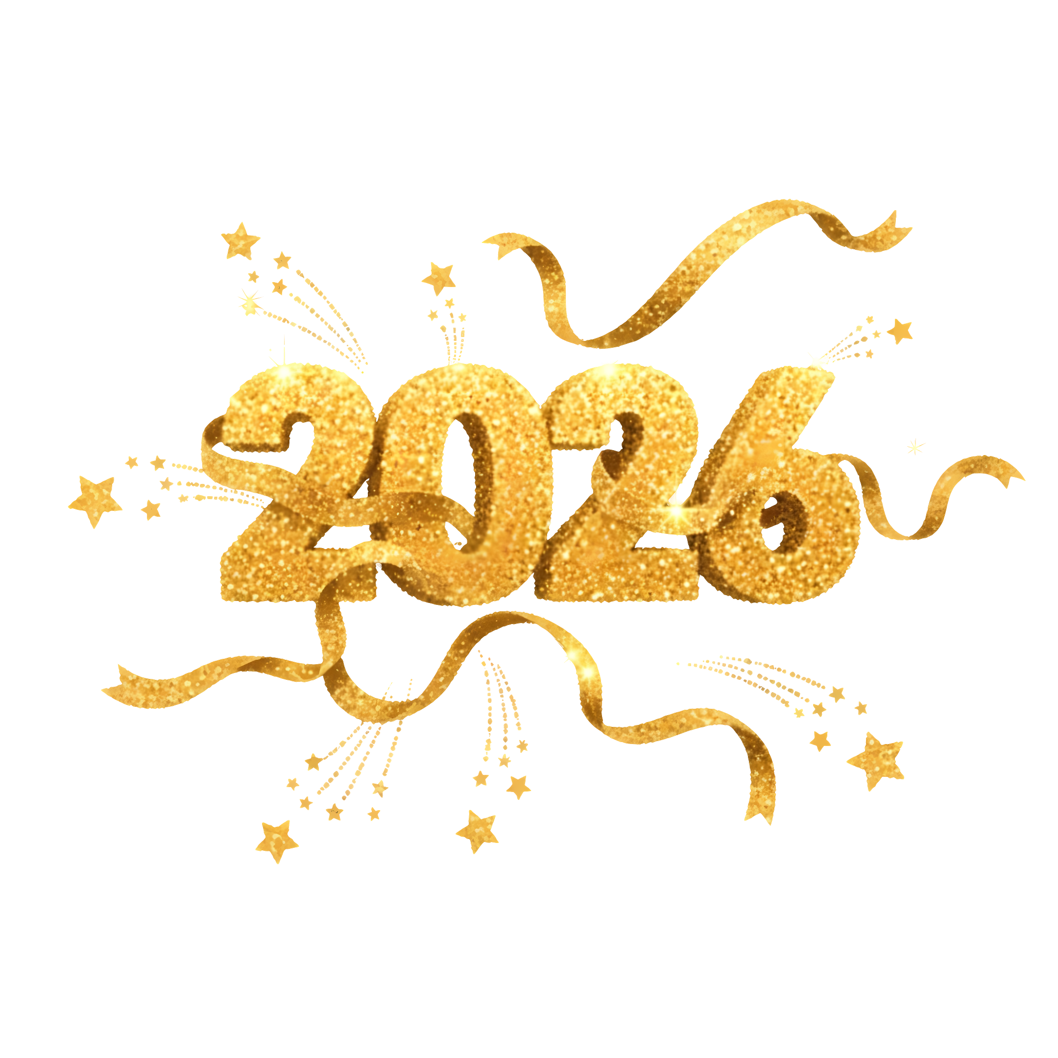 gold glitter 2026 new year text with flowing ribbon effects