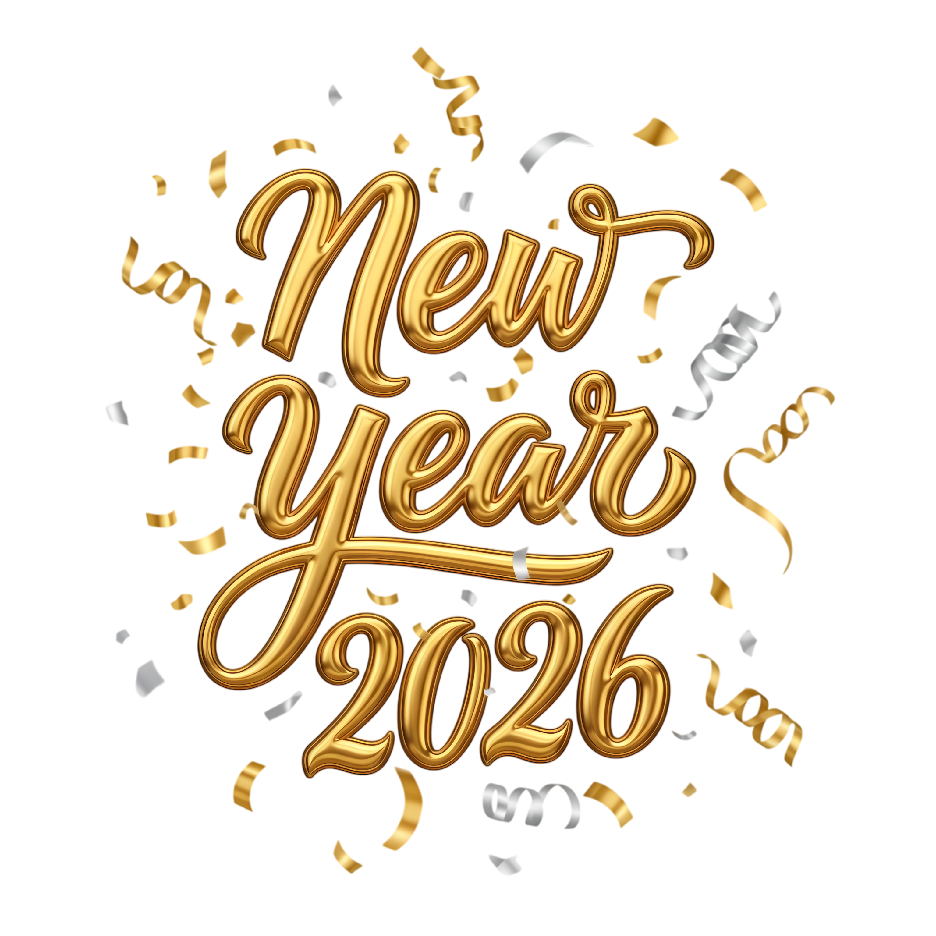happy new year 2026 greeting font with ribbon accents