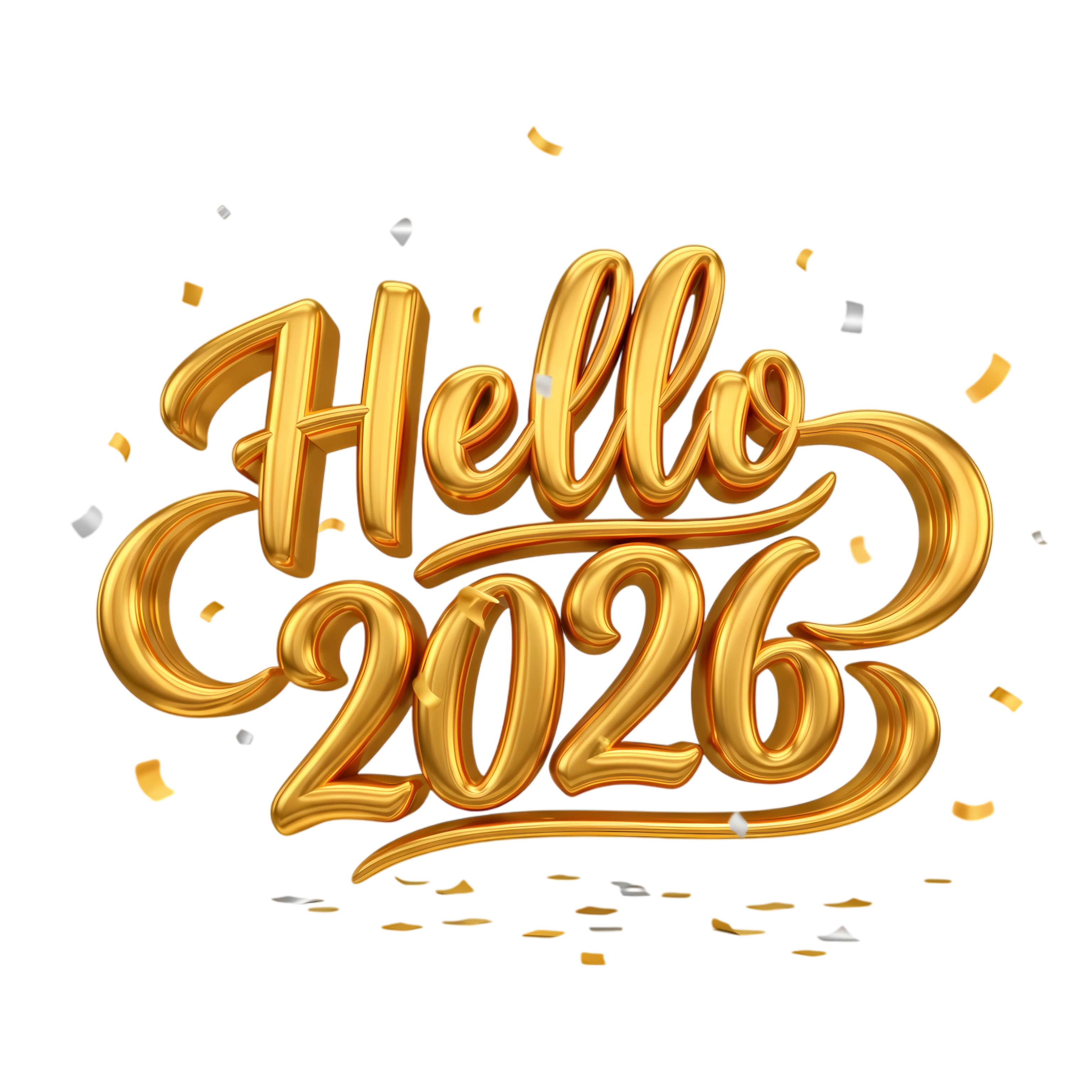 hello 2026 gold typography with confetti
