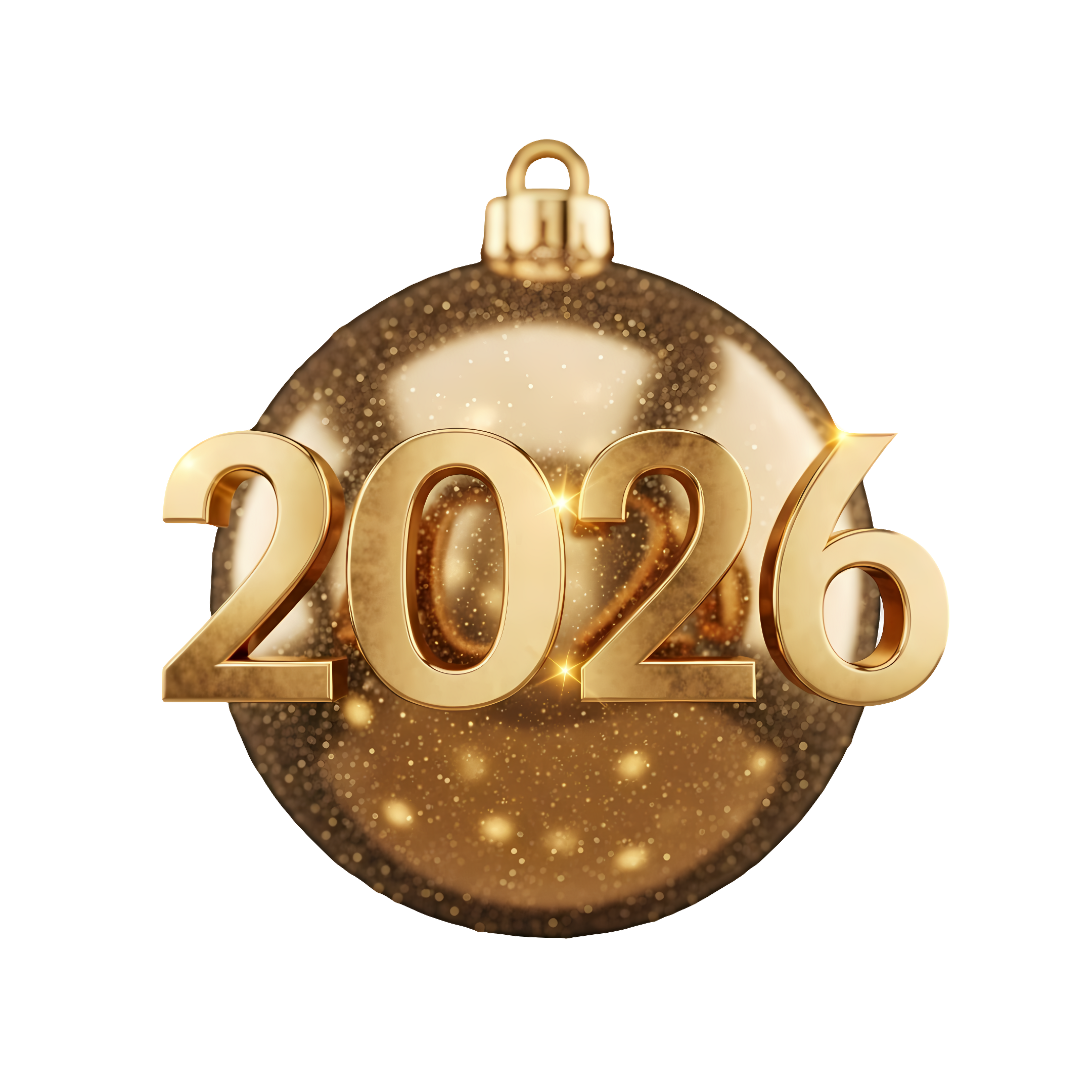 luxury 2026 gold typography over shiny glitter ornament