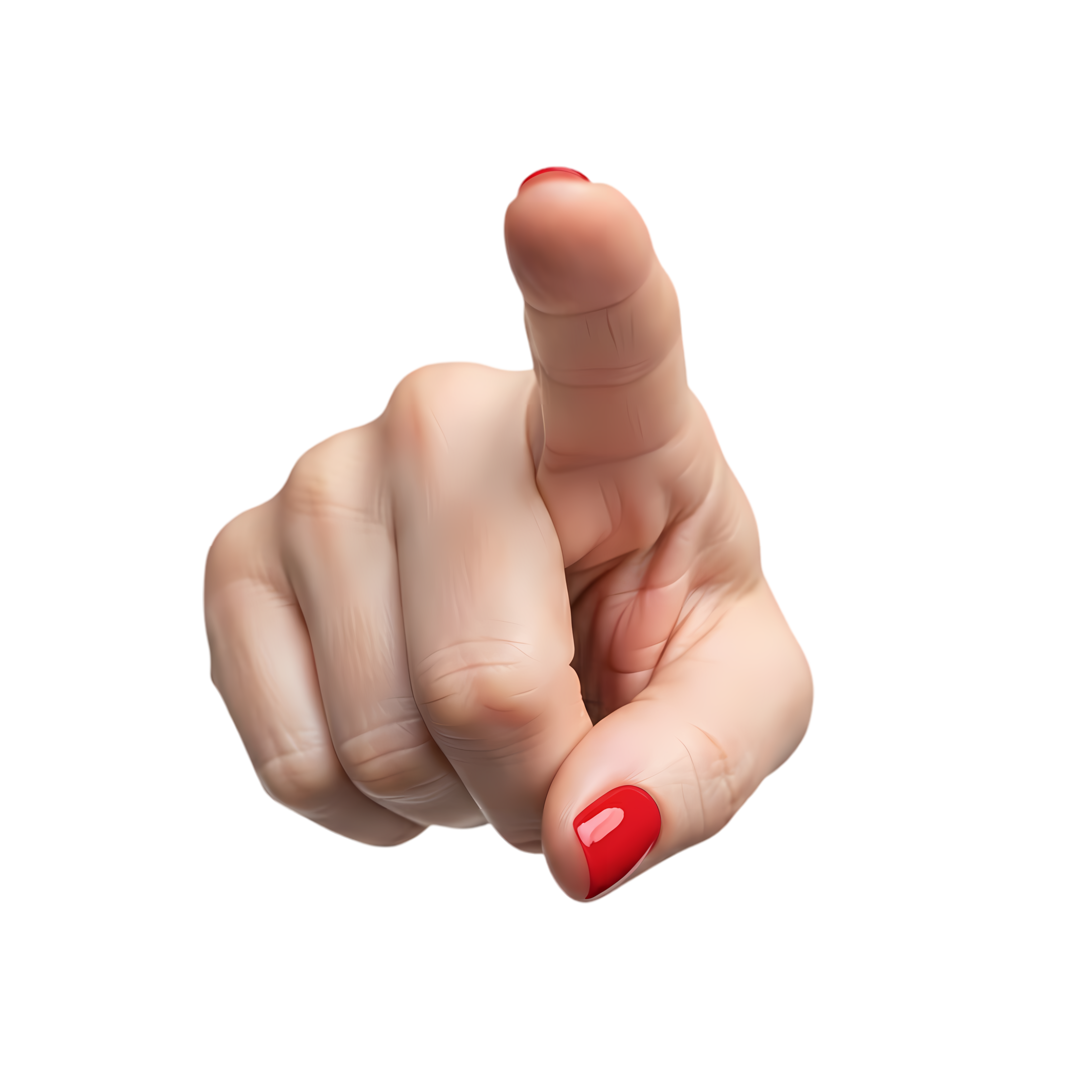 mature female hand pointing forward on white background