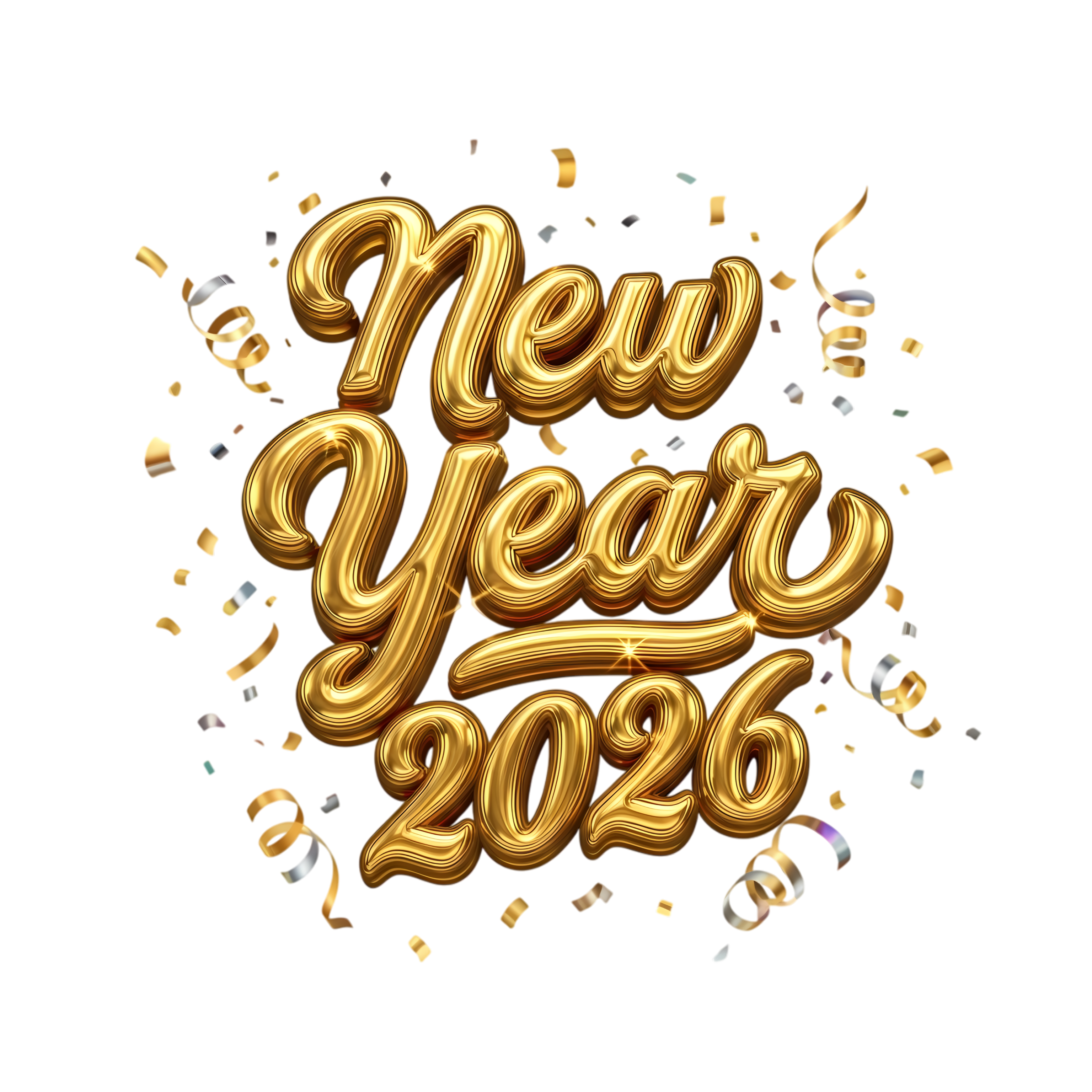 new year 2026 gold typography with ribbon and confetti