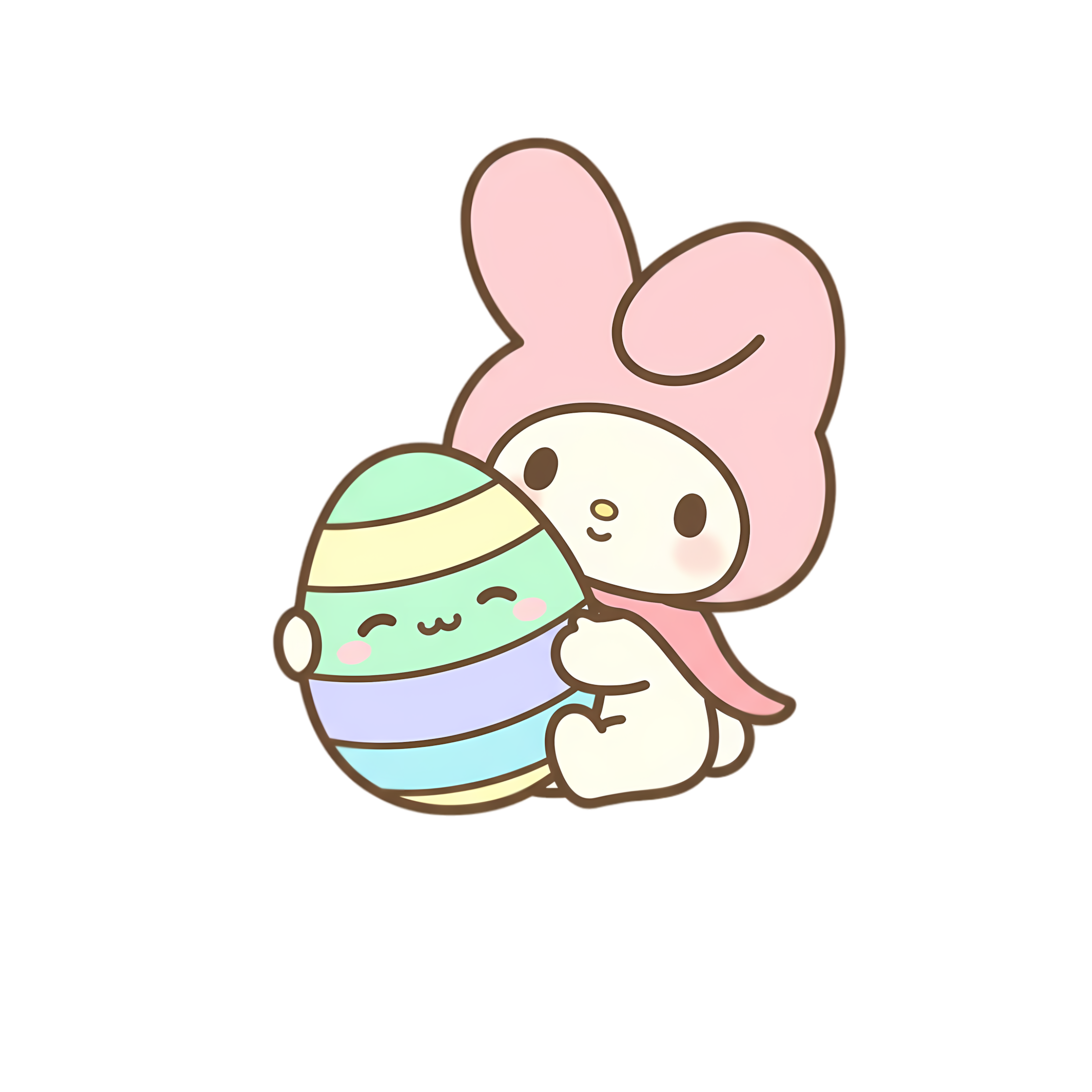 pastel bunny cuddling striped easter egg with cute face