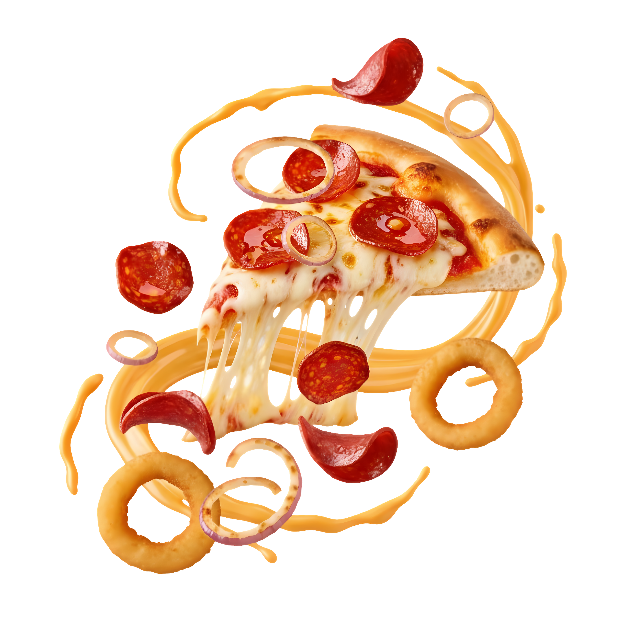 pepperoni pizza slice with onion rings