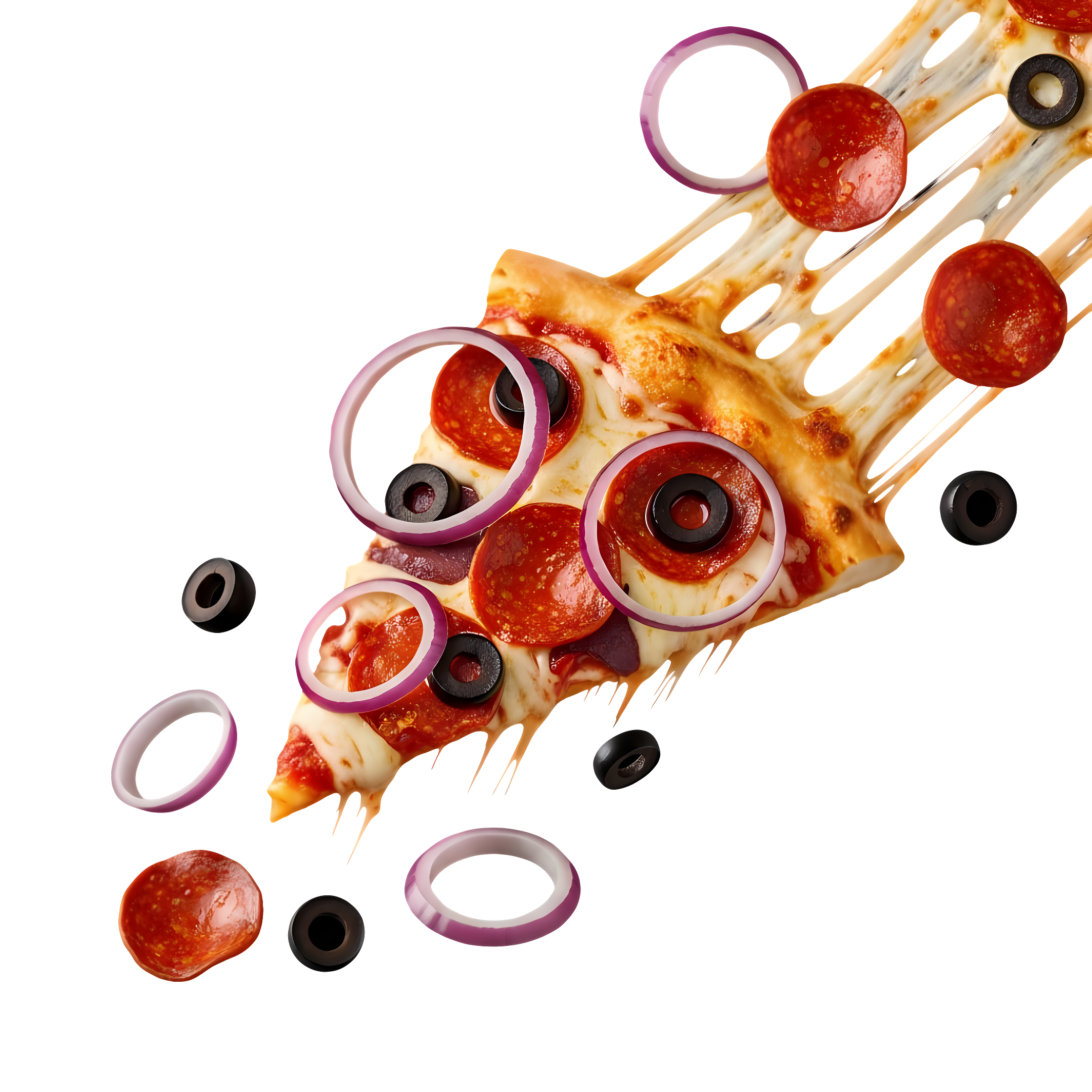 pizza slice with olives and onion rings