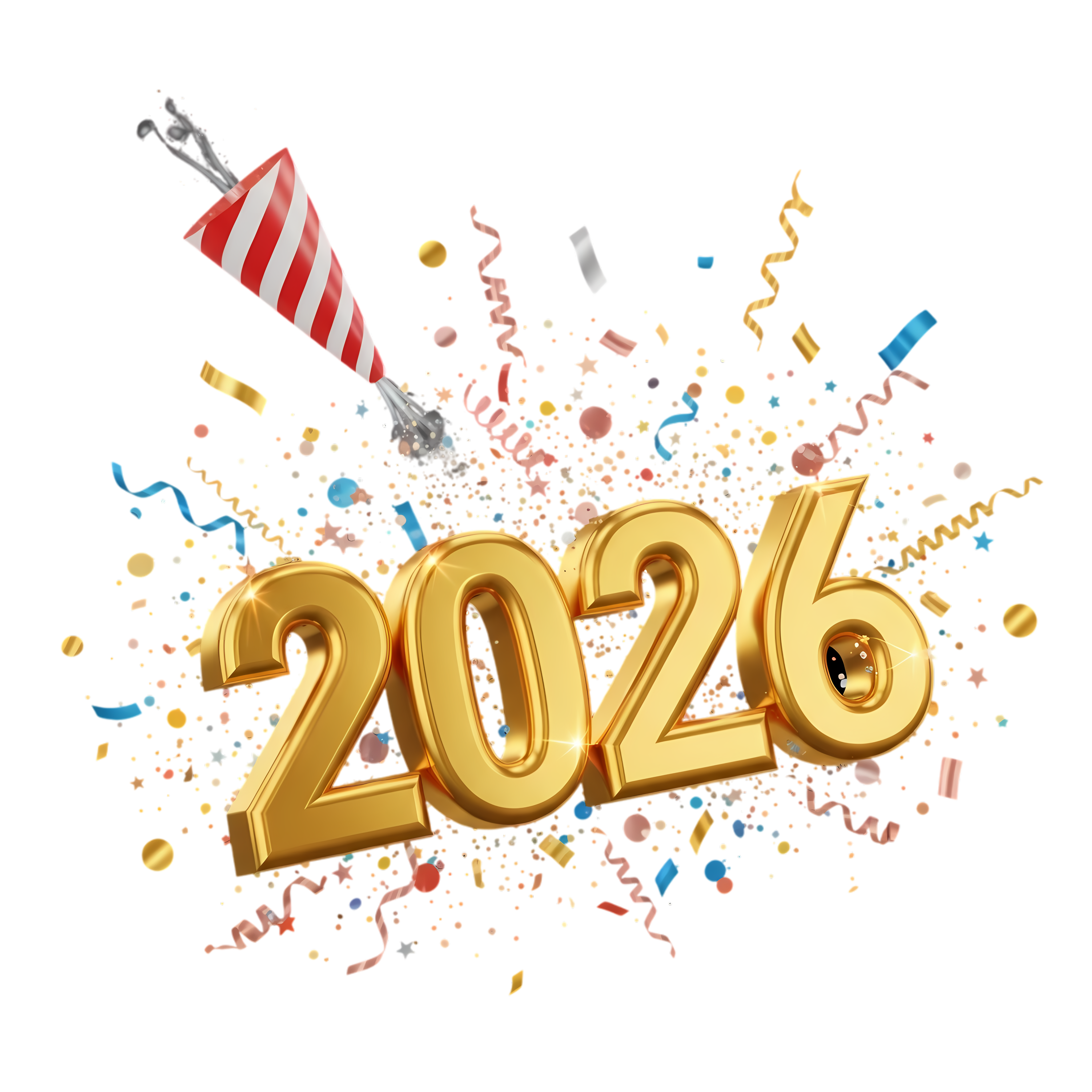 shiny 3d 2026 new year with gold confetti and party popper