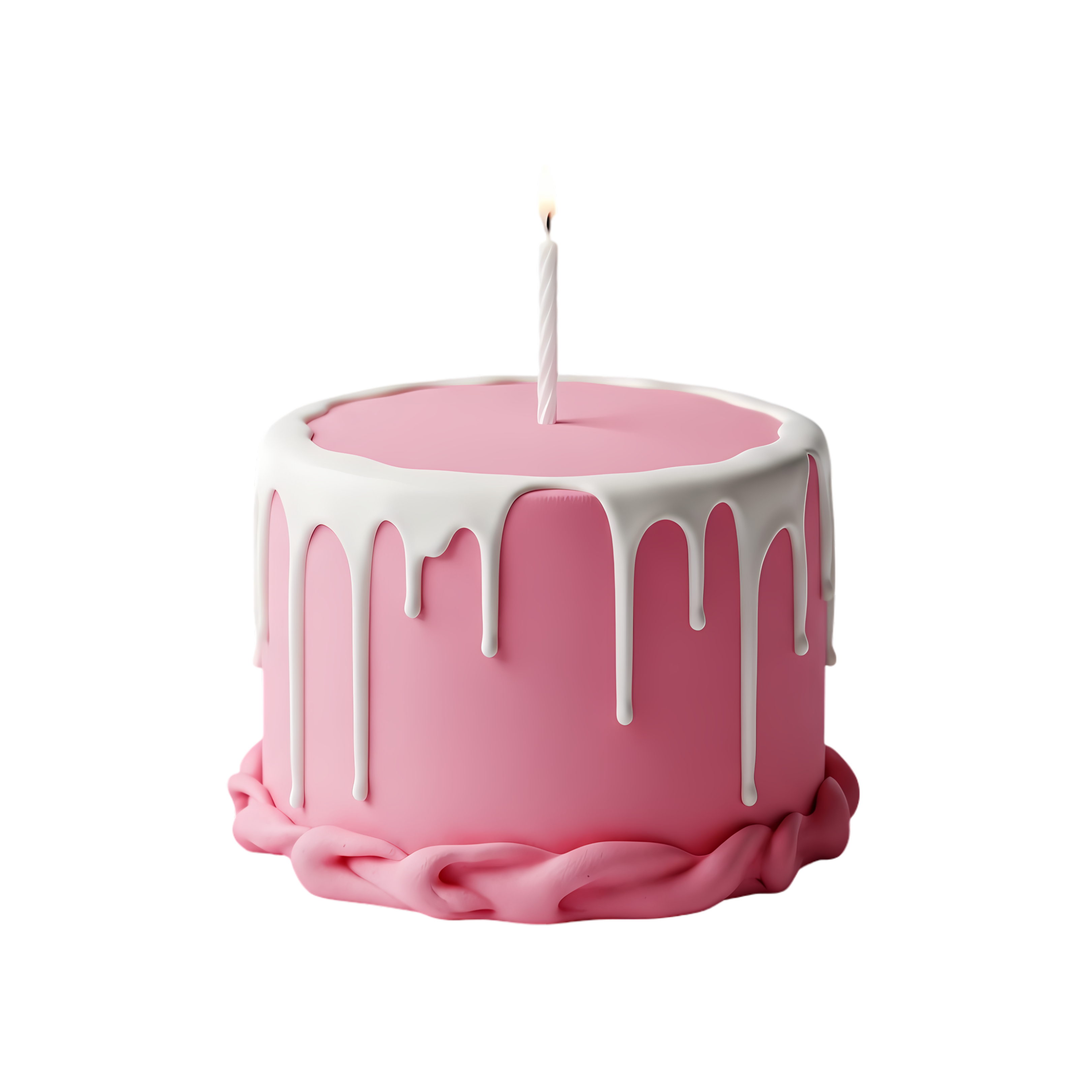 single candle pink cake with white icing drip