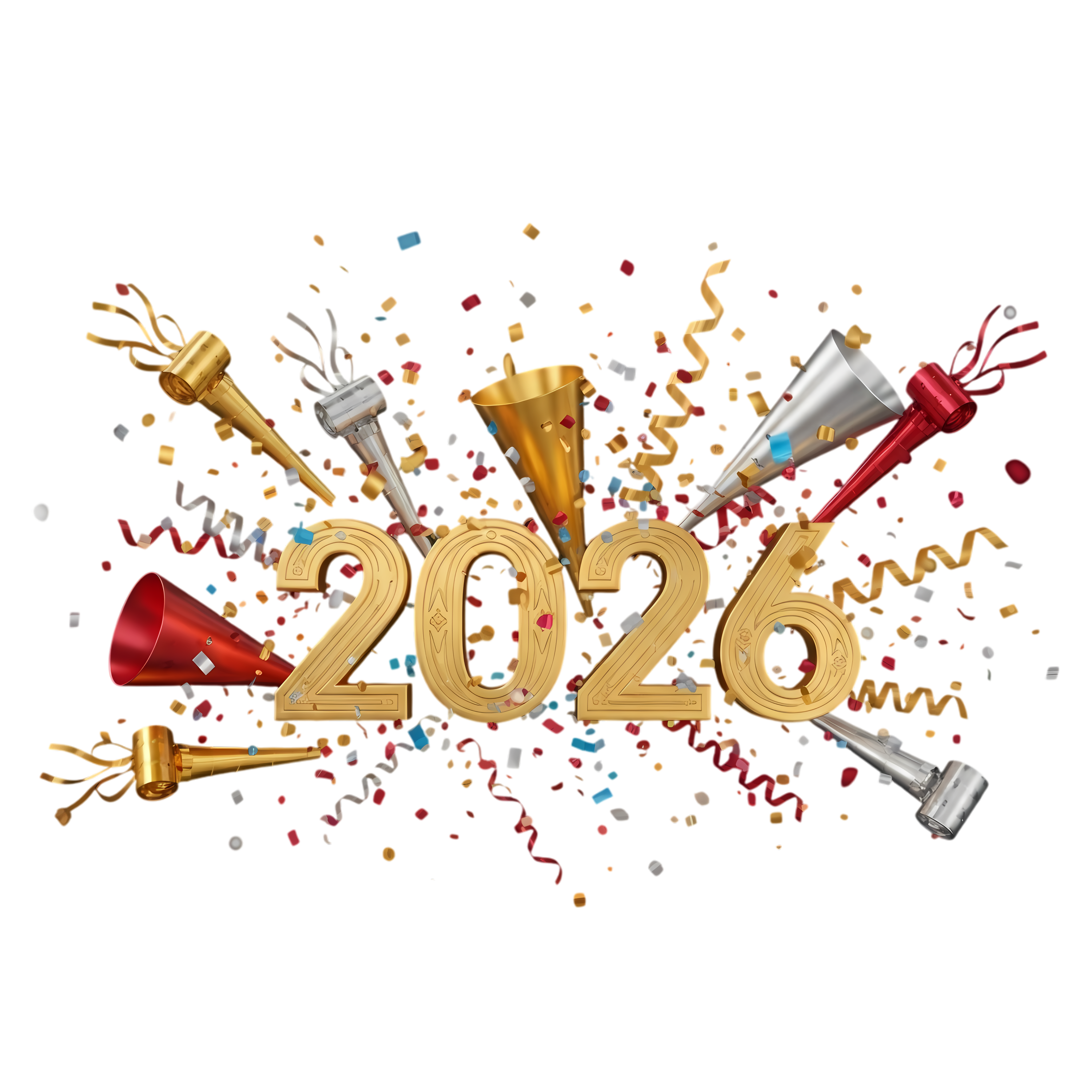 stylish 2026 new year holiday design with confetti and party horn