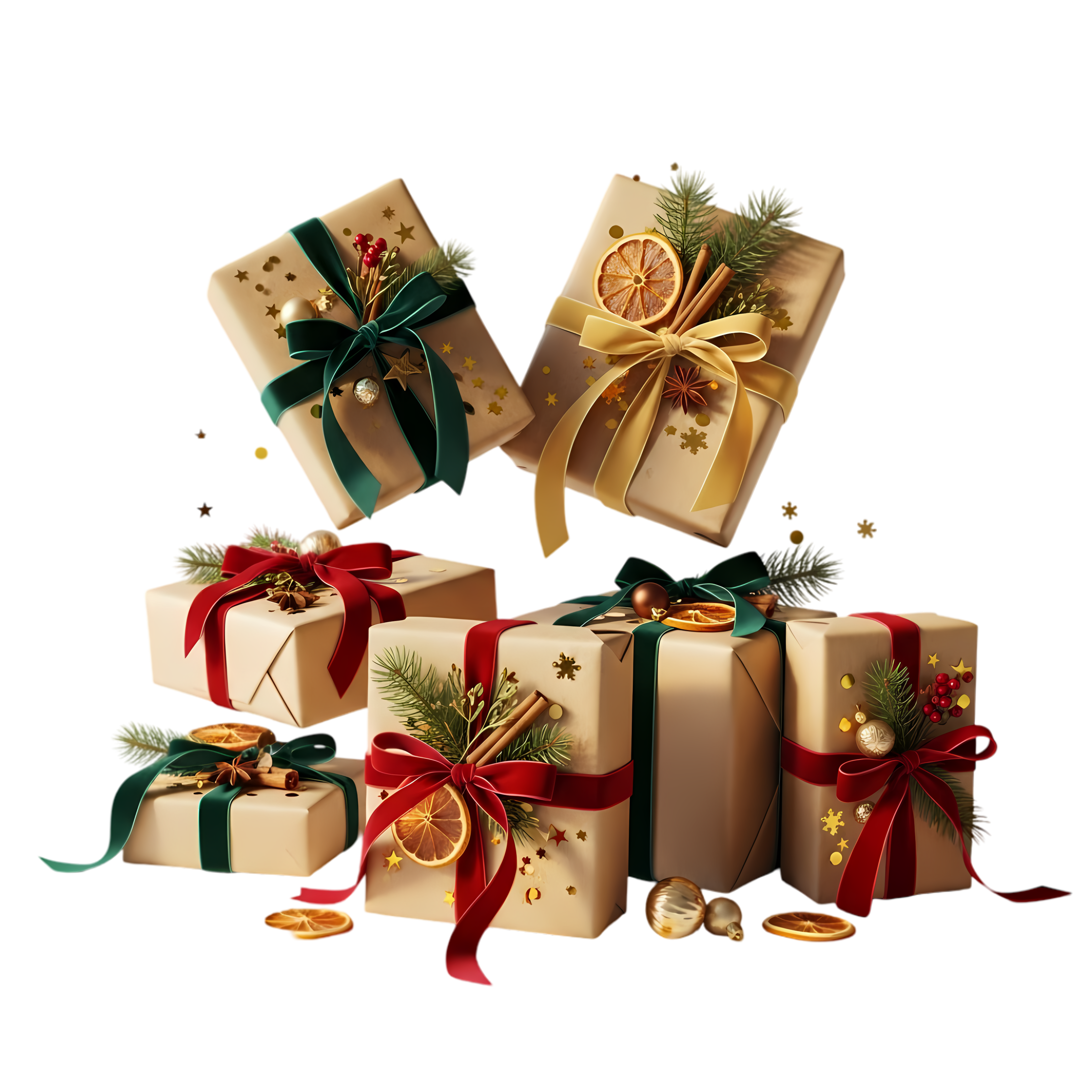 warm christmas gift boxes with red ribbon