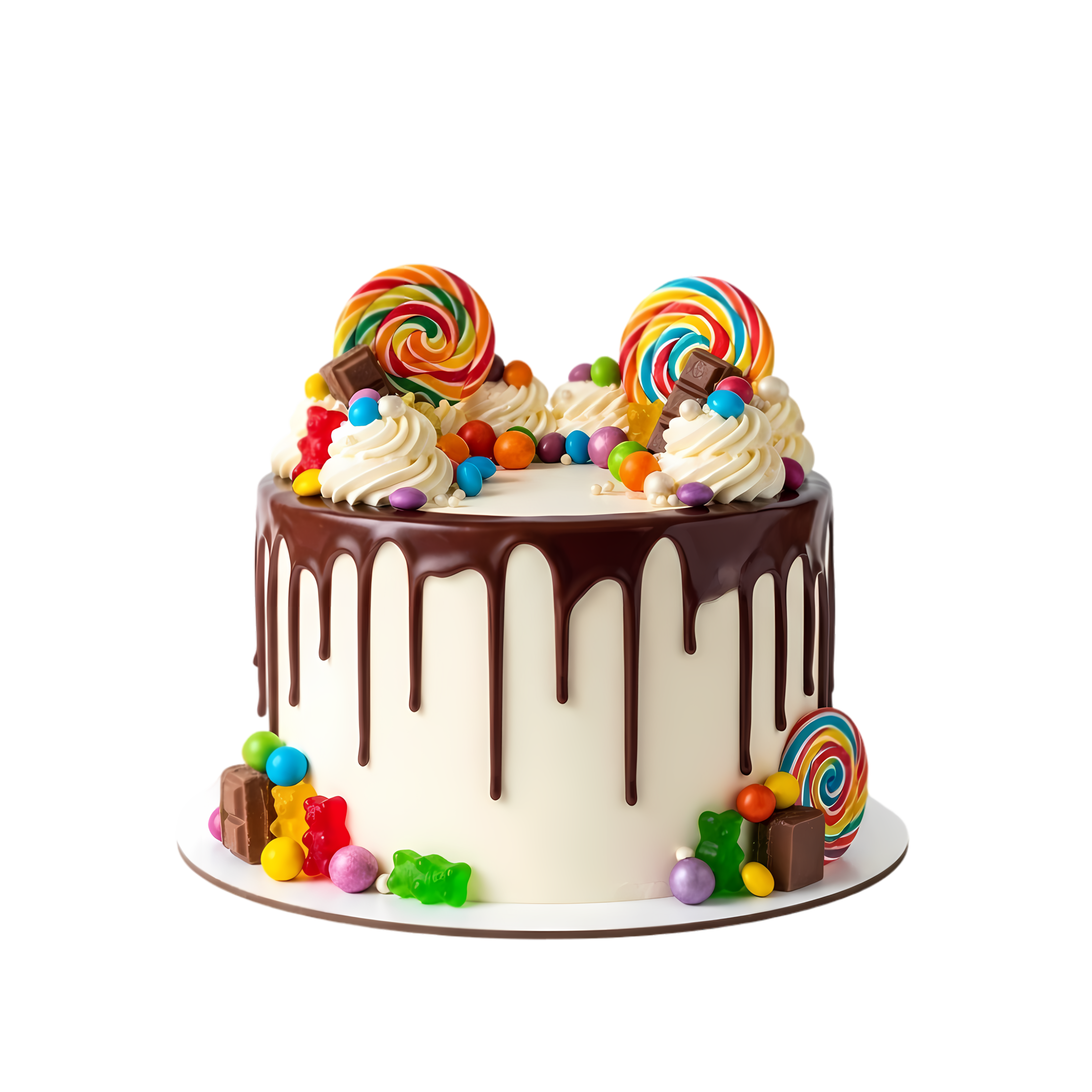 white candy cake with chocolate drip and colorful sweets